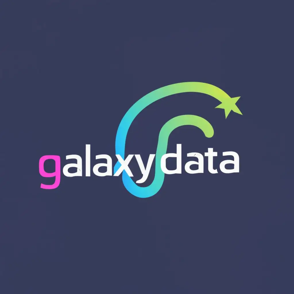 logo, computer data comes through the shape of the galaxy., with the text "GalaxyData", typography, be used in Technology industry