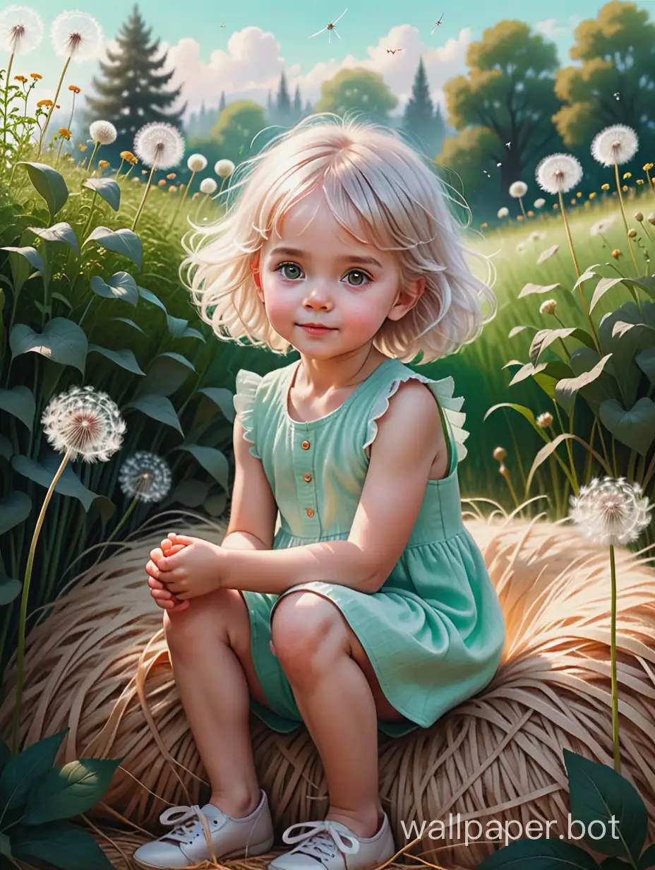 the story is drawn in pencils with fine ink detailing. style of Irina Zenyuk. A cute 5-year-old girl with white fluffy hair like a dandelion is sitting on a haystack, surrounded by beautiful flowering herbs and bushes. atmospheric realistic full frame high resolution delicate pastel colors. trees of bizarre shapes and sizes. illustration hyper-detailed effectively