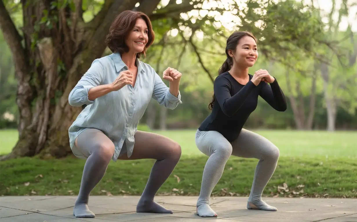 Mature Brunette Woman wearing a light blue button down stretched shirt, Gray Pantyhose only,  No shoes, no pants, no skirt, exercising, doing squats with her adult daughter who wears a black full sleeved leotard with gray tights, no shoes