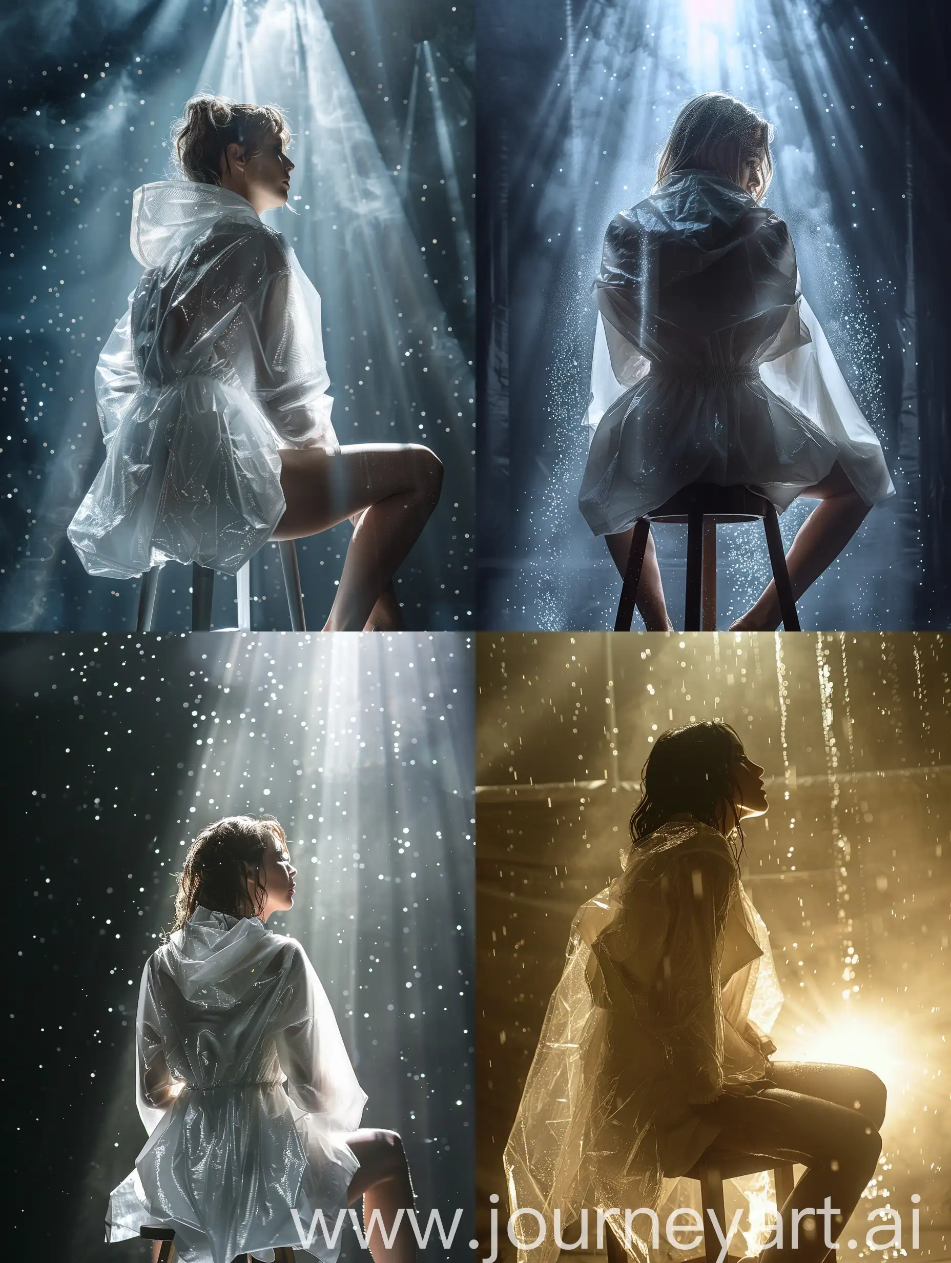 Elegant-Woman-in-White-Dress-Sitting-on-Stool-in-Dramatic-Lighting