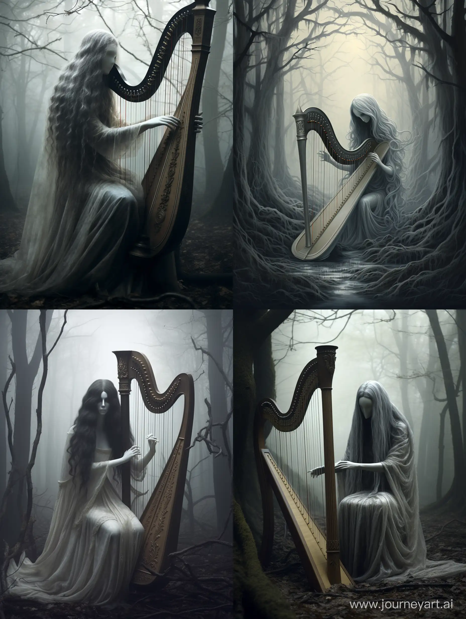 Breathtaking surreal Moonlit skeletal spectre Harpist with long flowy hair playing a large beautiful intricately detailed harp in Misty Autumn Forest