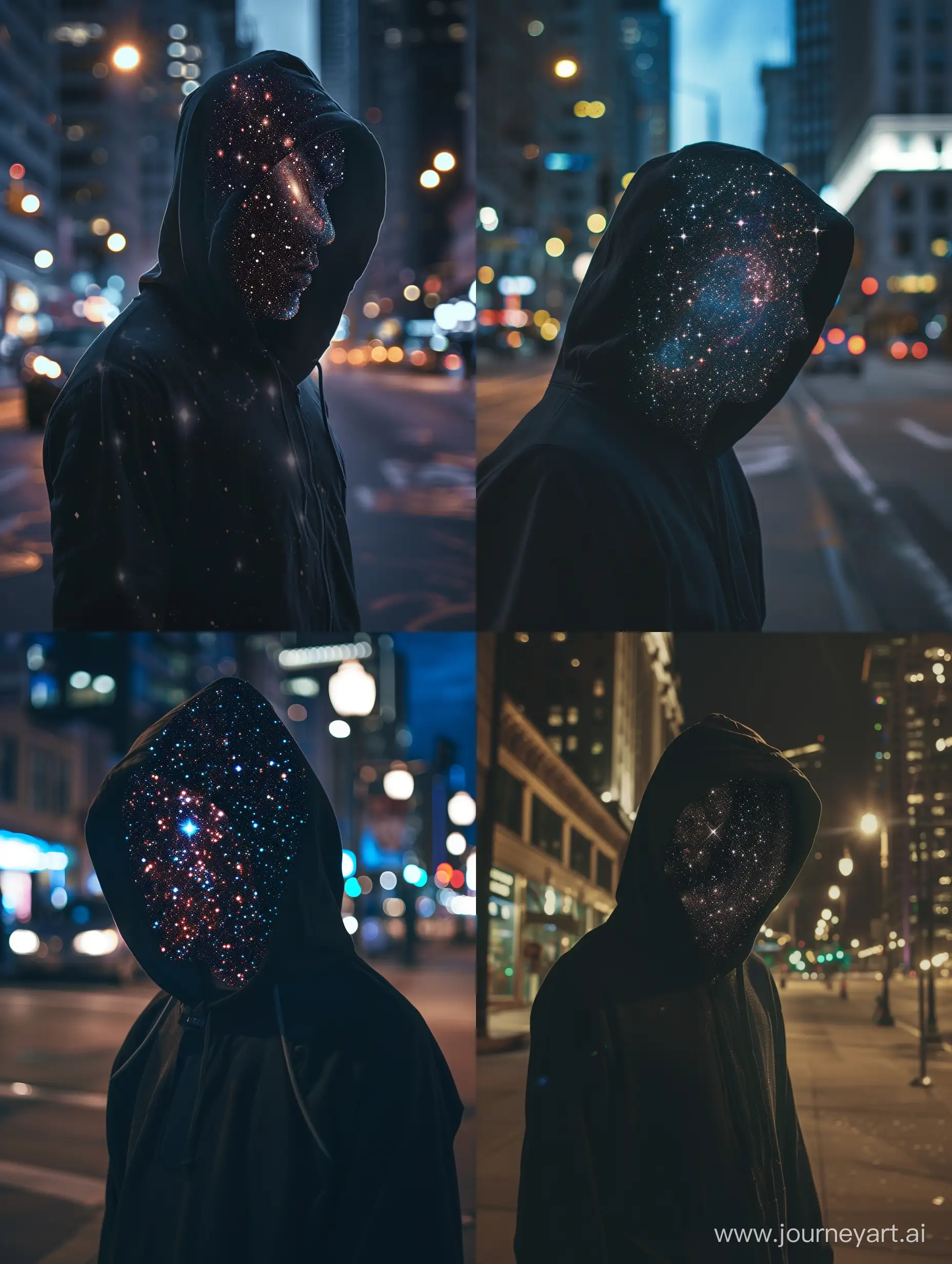 A hooded man walking city street at night with a face made of stars, the universe is inside all of us 