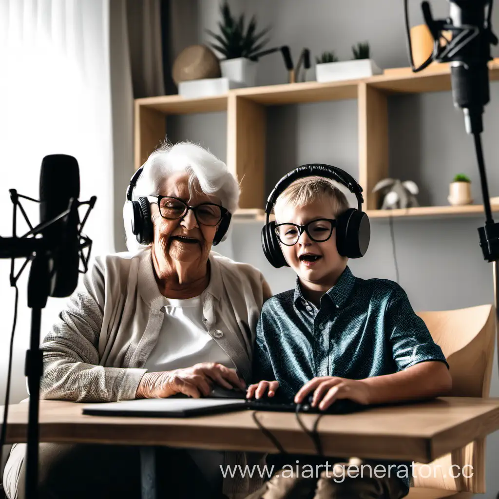 Внук и бабушка в наушниках с микрофоном записывают подкаст