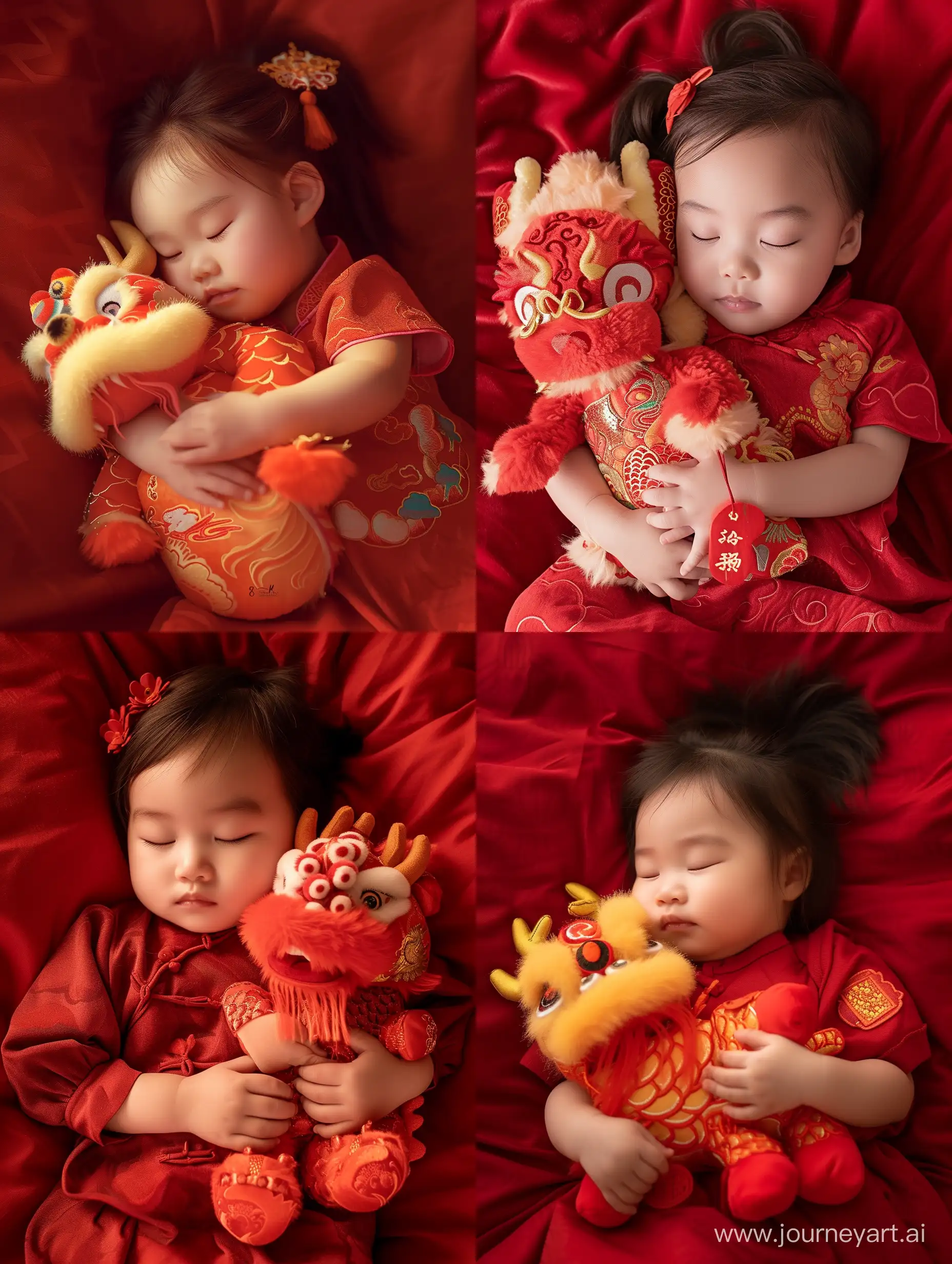 A 1-year-old baby peacefully sleeping, cradling a Chinese dragon plushie. The adorable Chinese girl and the charming dragon depict a harmonious bond, radiating warmth and affection. The vibrant red color scheme adds a touch of traditional elegance, while the artistic portrayal with a fluffy texture enhances the visual appeal. This enchanting scene is beautifully presented in a cartoon-inspired aesthetic, ensuring 8K HDR best quality.