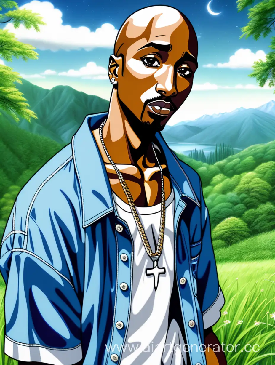 Anime Style Portrait of 2Pac in Natural Setting | AI Art Generator