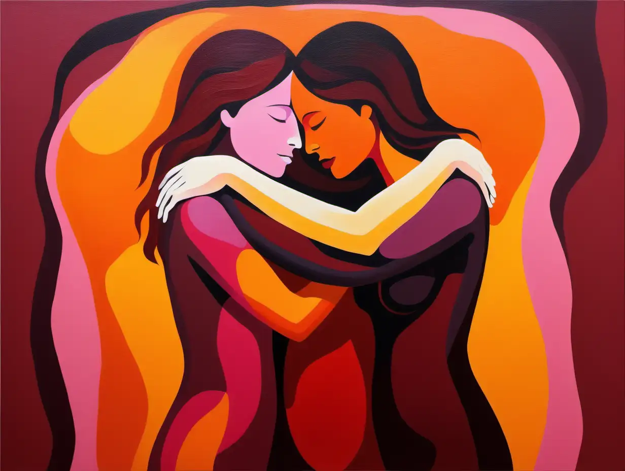 abstract painting of two women embracing each other made with deep Burgundy and orange and yellow and a hint of pink
