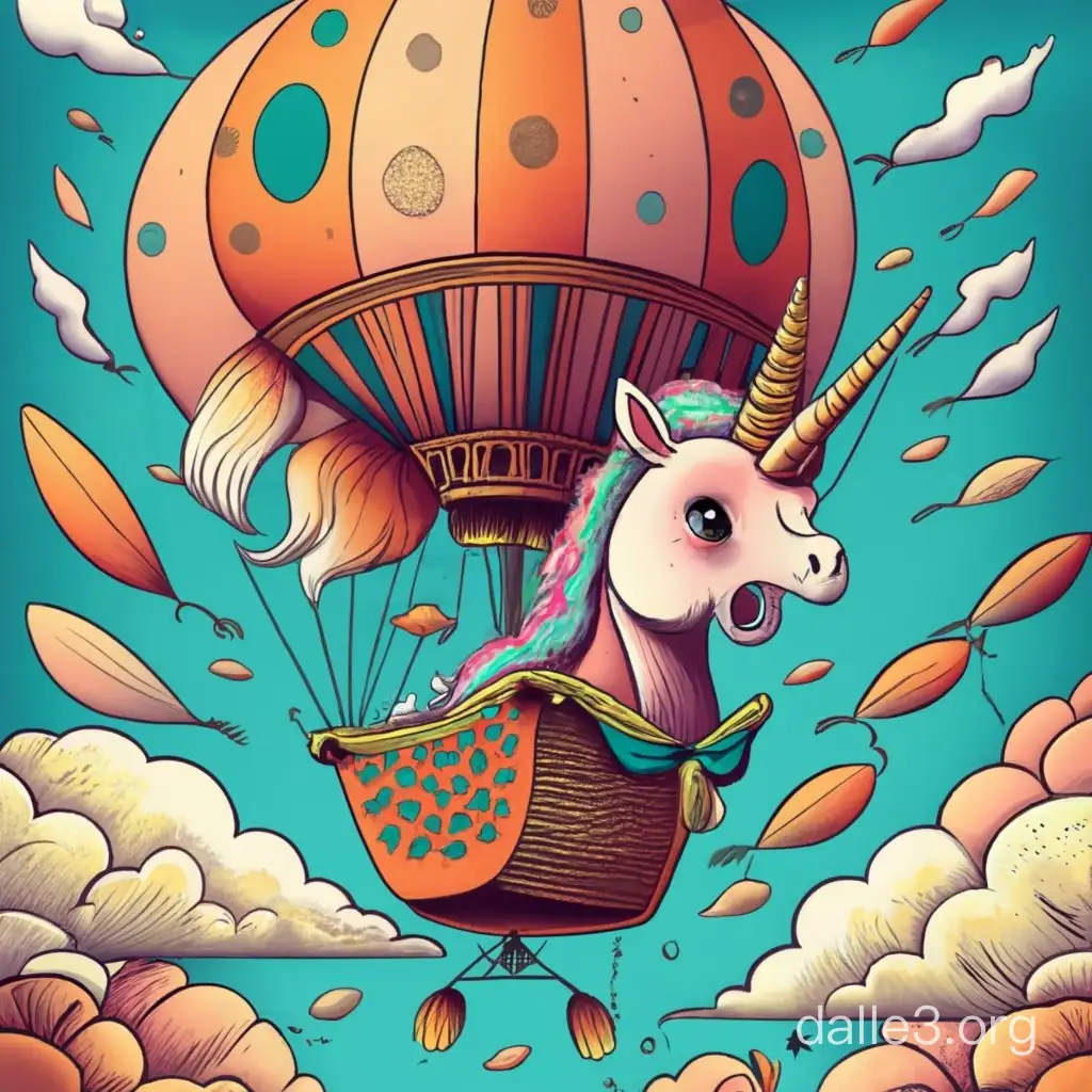 Make me a 70s style cartoon drawling of a half fish half unicorn creature riding in a hot air balloon headed to France. 