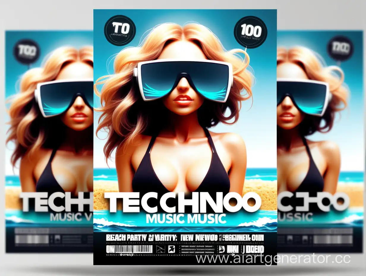 flyer, techno music, beach party, ocean view