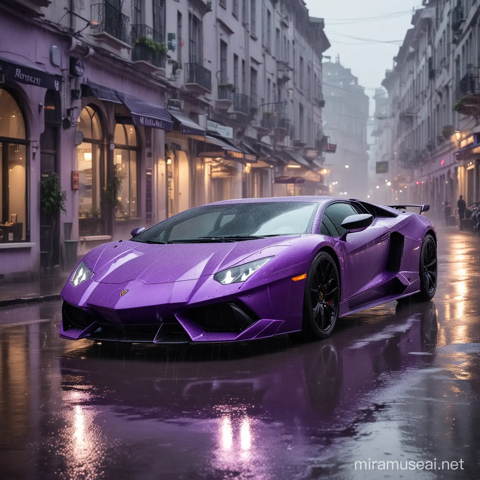 Sleek Purple Lamborghini Speeding Through Rainy Urban Streets