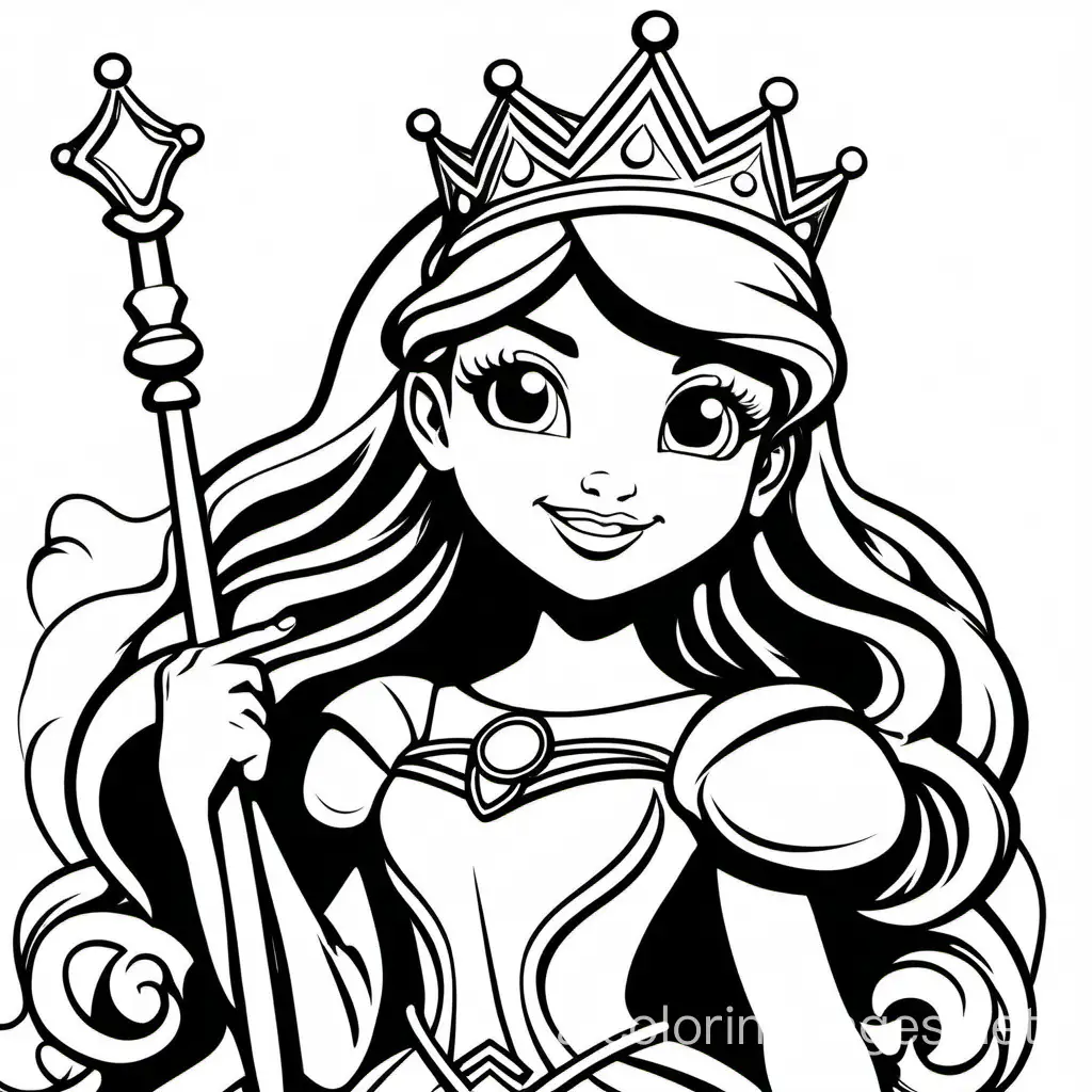 teenage princess wielding her magical scepter, bold lines, Coloring Page, black and white, line art, white background, Simplicity, Ample White Space. The background of the coloring page is plain white to make it easy for young children to color within the lines. The outlines of all the subjects are easy to distinguish, making it simple for kids to color without too much difficulty