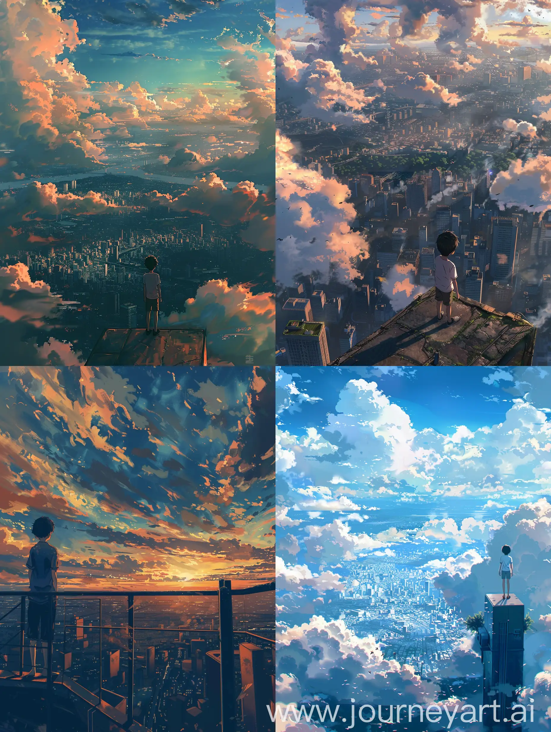 Anime style,a boy viewing city froma high place like a tower ,makato shinkai style,beautiful long broken many clouds,avoid bad and distorted view of the boy,avoid bad bodyview,summers,afternoon,anime aesthetic movie concept image.
