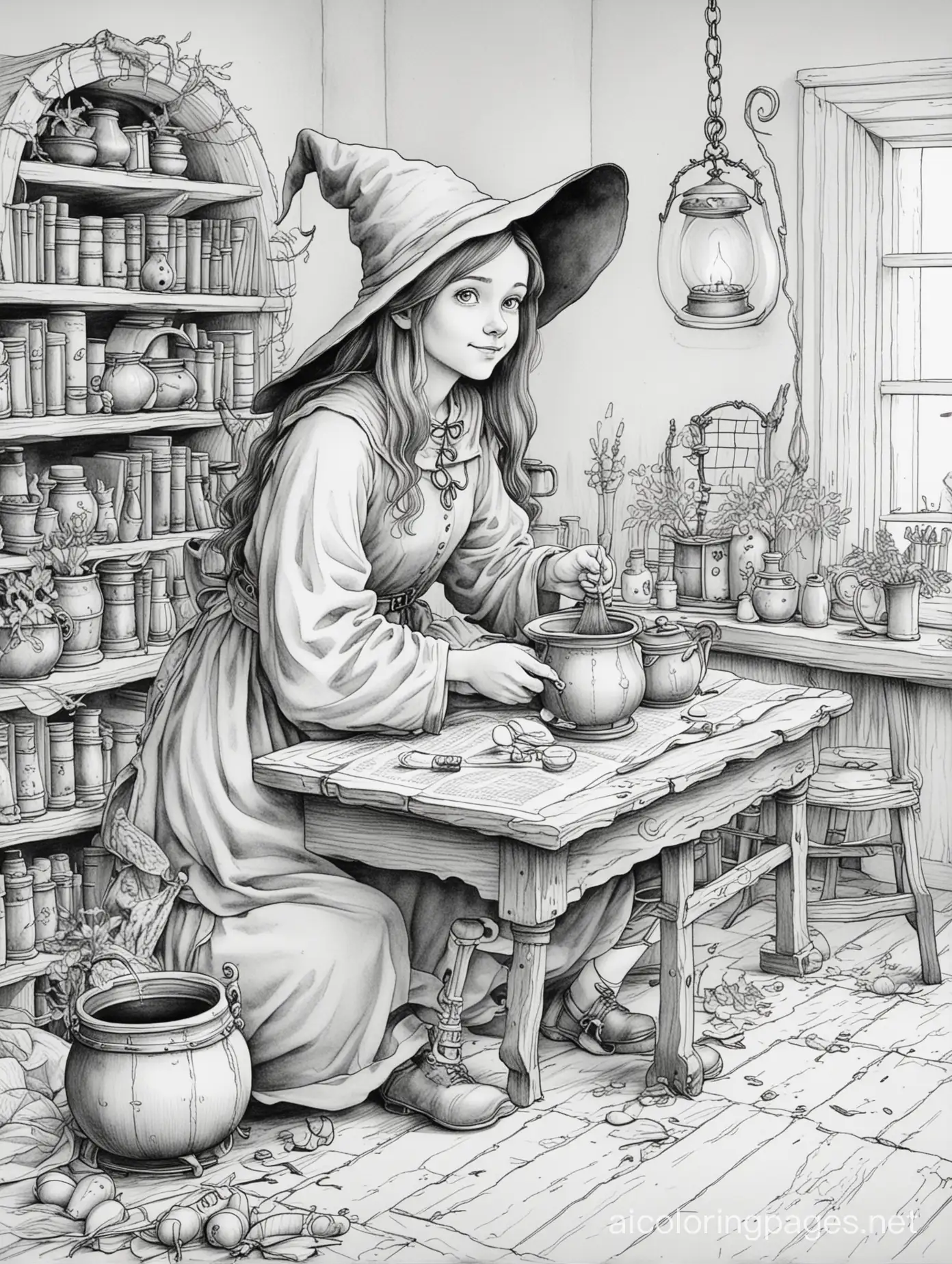 a witch sitting at a table in a room with a cauldron. add shelves with potions and beekers. add lots of old scary looking books., Coloring Page, black and white, line art, white background, Simplicity, Ample White Space. The background of the coloring page is plain white to make it easy for young children to color within the lines. The outlines of all the subjects are easy to distinguish, making it simple for kids to color without too much difficulty