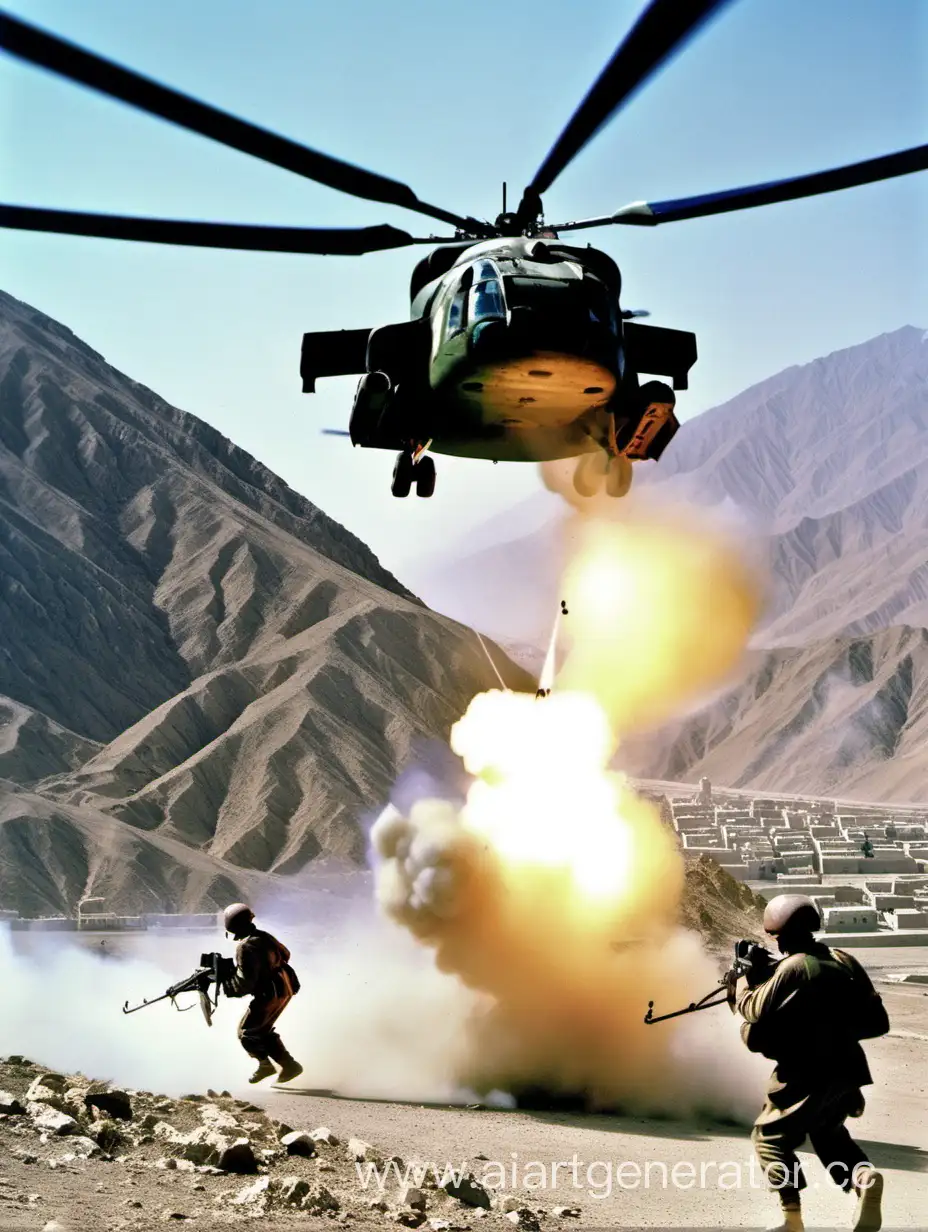 афганская война, вертолет МИ-8 обстреливают афганцы, в горах