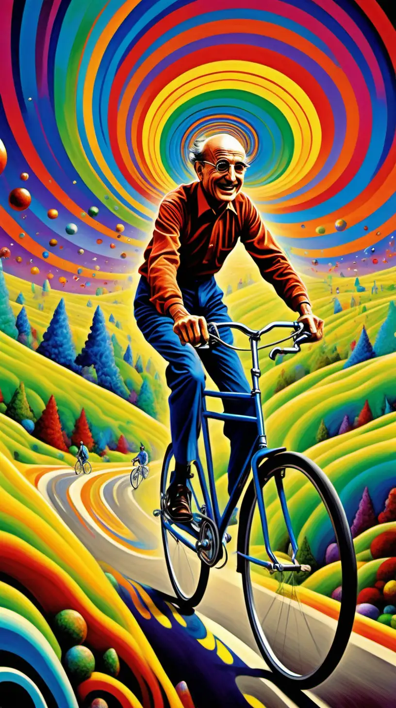 Embark on a vibrant ride with an image featuring Albert Hofmann joyfully bicycling through a surreal landscape. Vivid colors and swirling patterns surround him, illustrating the happiness and psychedelic effects of LSD, creating a visually dynamic and captivating scene. Albert Hofmann, bicycling, happiness, vivid colors, swirling patterns, surreal landscape, psychedelic effects, visually dynamic.

