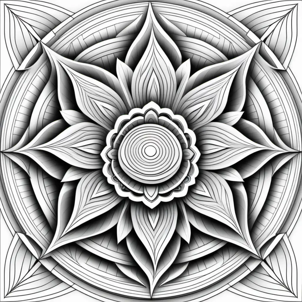Adult coloring book. 3d blades background. Black and white, no shading, no color, thick black outline. Symmetrical mandala made of geometric shapes.