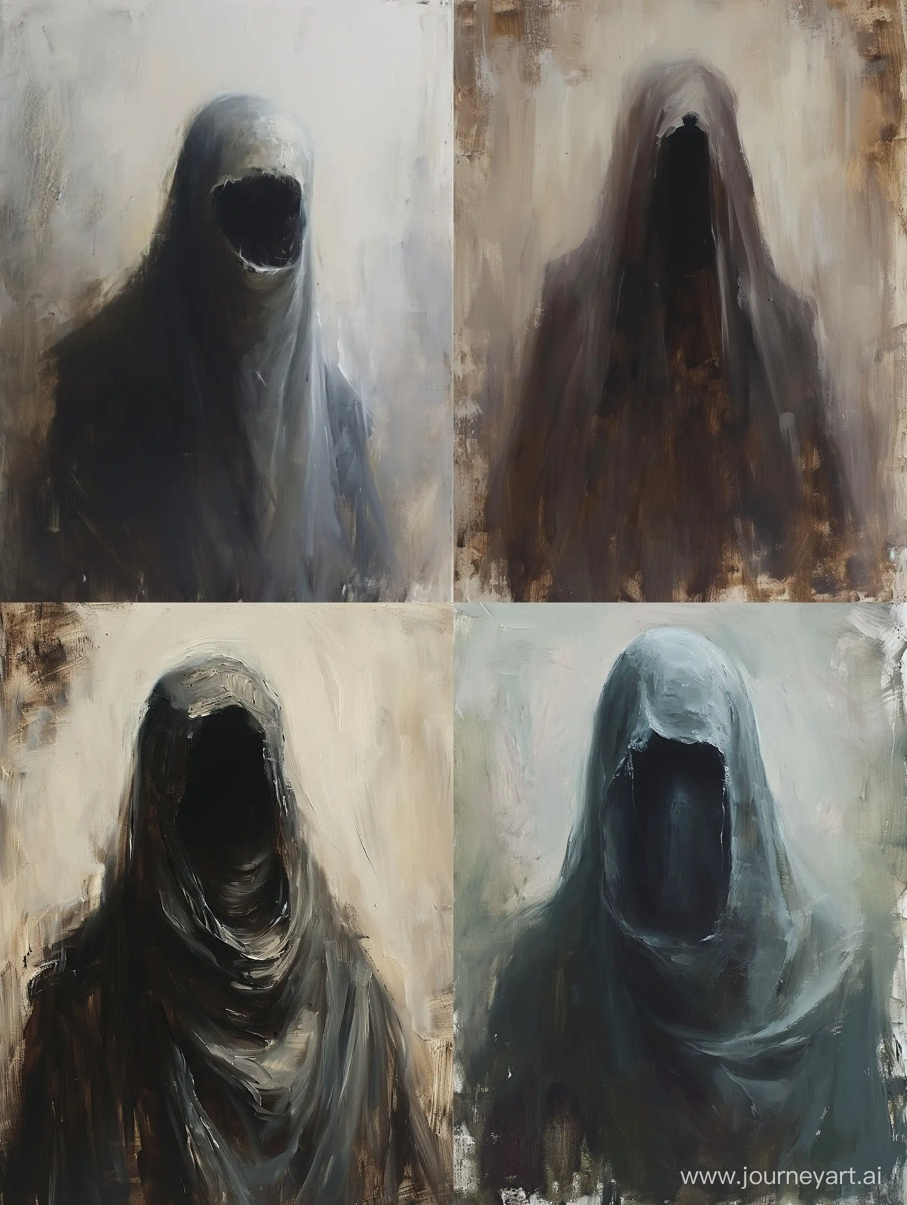 /imagine prompt: A haunting portrait of a ghost, covered with a dark cloak that leaves its mouth uncovered, looking straight ahead, painted in a realistic oil painting style. The atmosphere is eerie and supernatural, with the brushstrokes emphasizing the ghostly and otherworldly quality of the figure. The painting has a high quality, with intricate details in the cloak and the ghost's face. The ghost is shown in a close-up, with its face partially covered by the cloak and its mouth exposed. The colors are pale and ethereal, with a high contrast that adds to the ghostly atmosphere of the painting. The background is blurred, with a soft focus that emphasizes the focus on the ghost and its supernatural appearance. The composition is simple, with the focus on the ghost's ghostly and otherworldly quality. The painting has a realistic quality that allows for every detail to be seen clearly, making it feel like a real portrayal of a ghost. It's a perfect fit for those who appreciate the eerie and supernatural quality of realistic oil paintings. --ar 3:4
