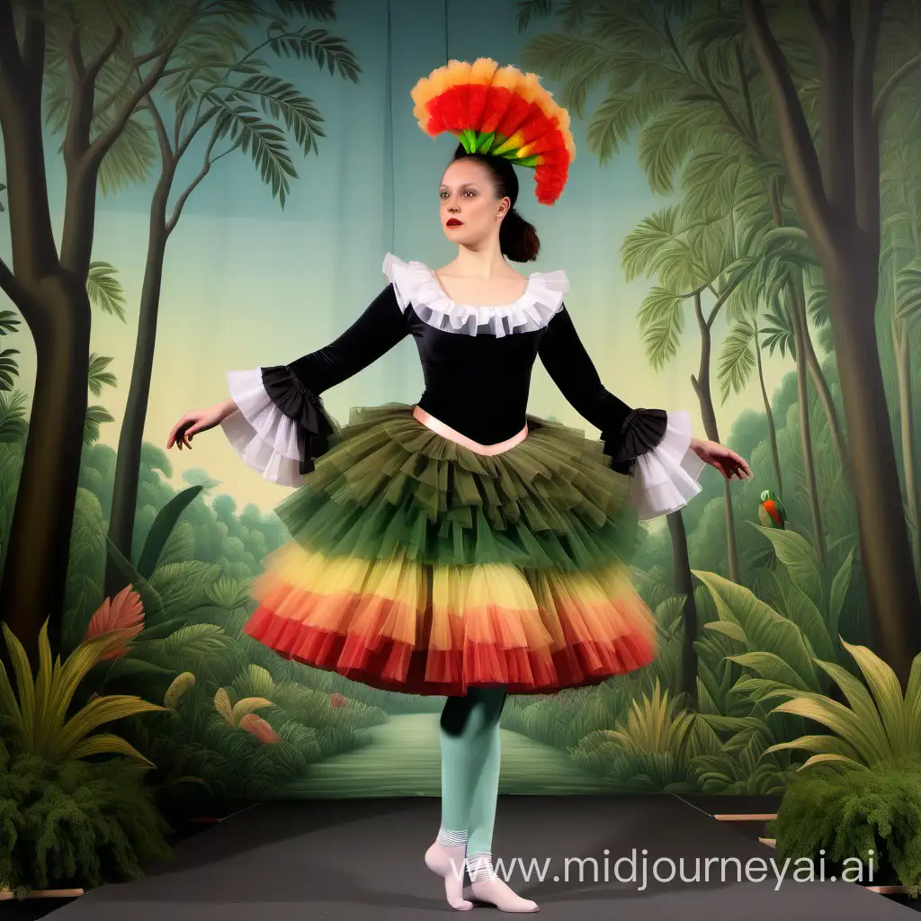 theater female costume, based on henri rousseau paintings, parrot, no mask, light colors, tutu with tail, leggins, wide sleeves, ruffles, ribbons, frills, wild