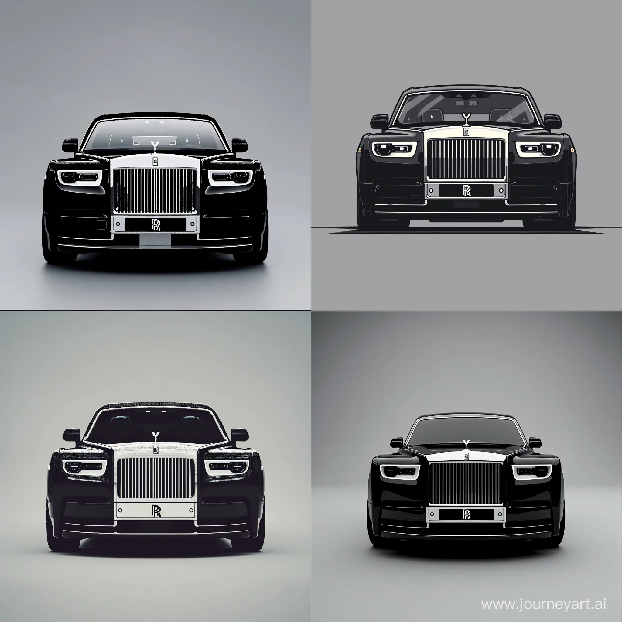 Minimalism Pixel Art Car of Front View, RollsRoyce Phantom: Black Body Color & White Body Details, Simple Gray Background, High Precision