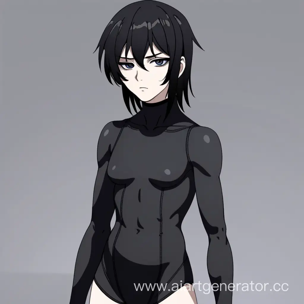 An anime-style male character similar to femboy stands and looks at the camera wearing a black bodysuit made of fabric and black knee socks made of fabric and black hair that covers half of his face