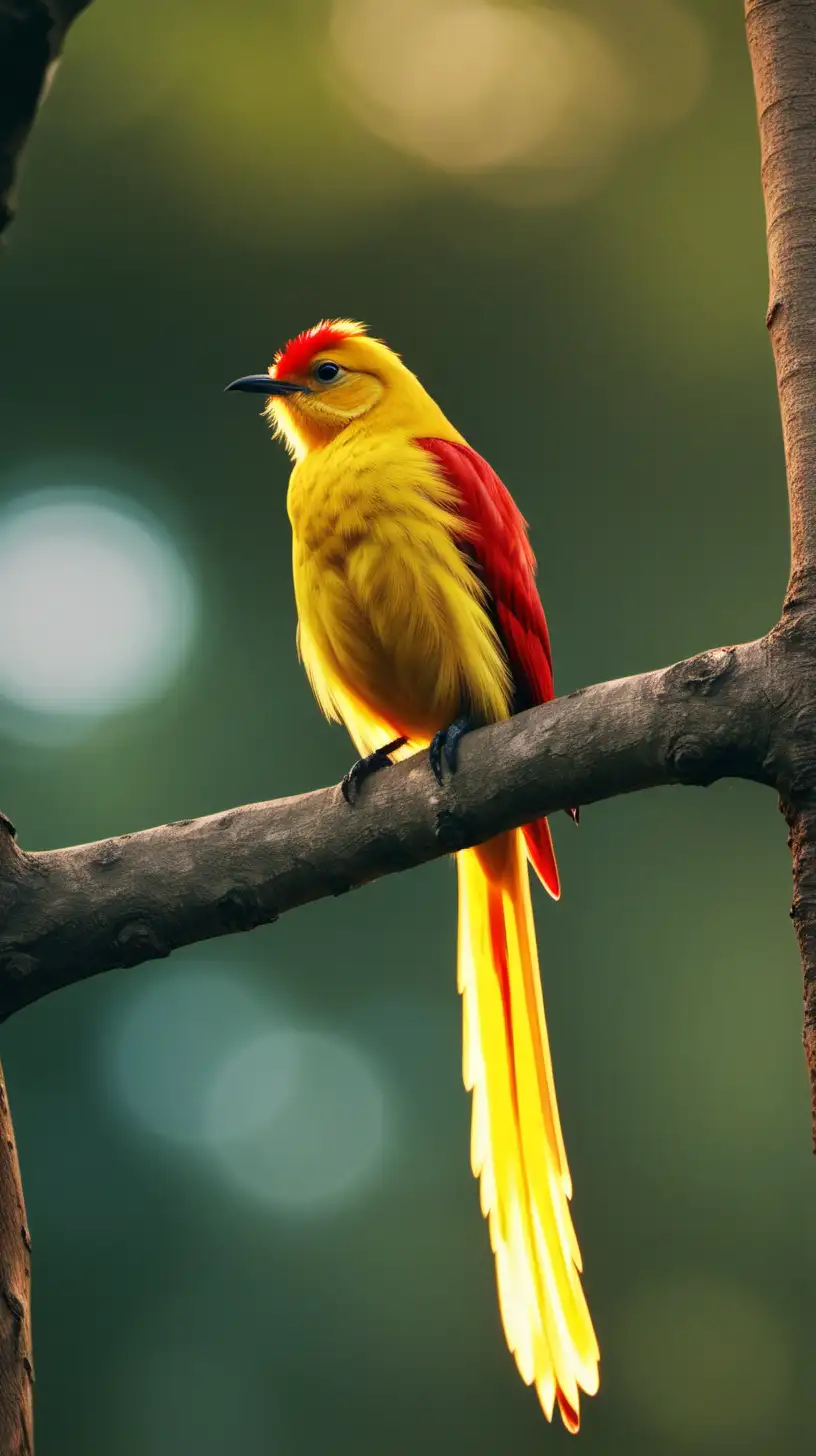 A yellow bird with a red, very long tail. Relaxing on a tree branch. Realistic. Bright colour. Late afternoon. Bottom up camera Shoots 5M Away All Visible Objects. 10K Image Quality