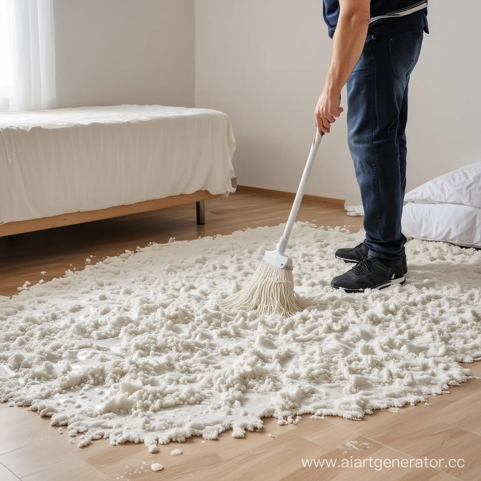 A man cleans a lot of white viscous liquid with a mop in the house near the bed