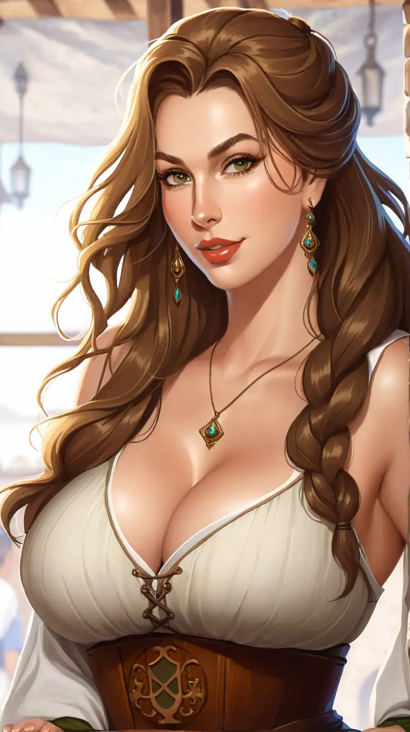 this woman but with massive tits , full-body photo, same clothing , same hairstyle , background is a medieval tavern
