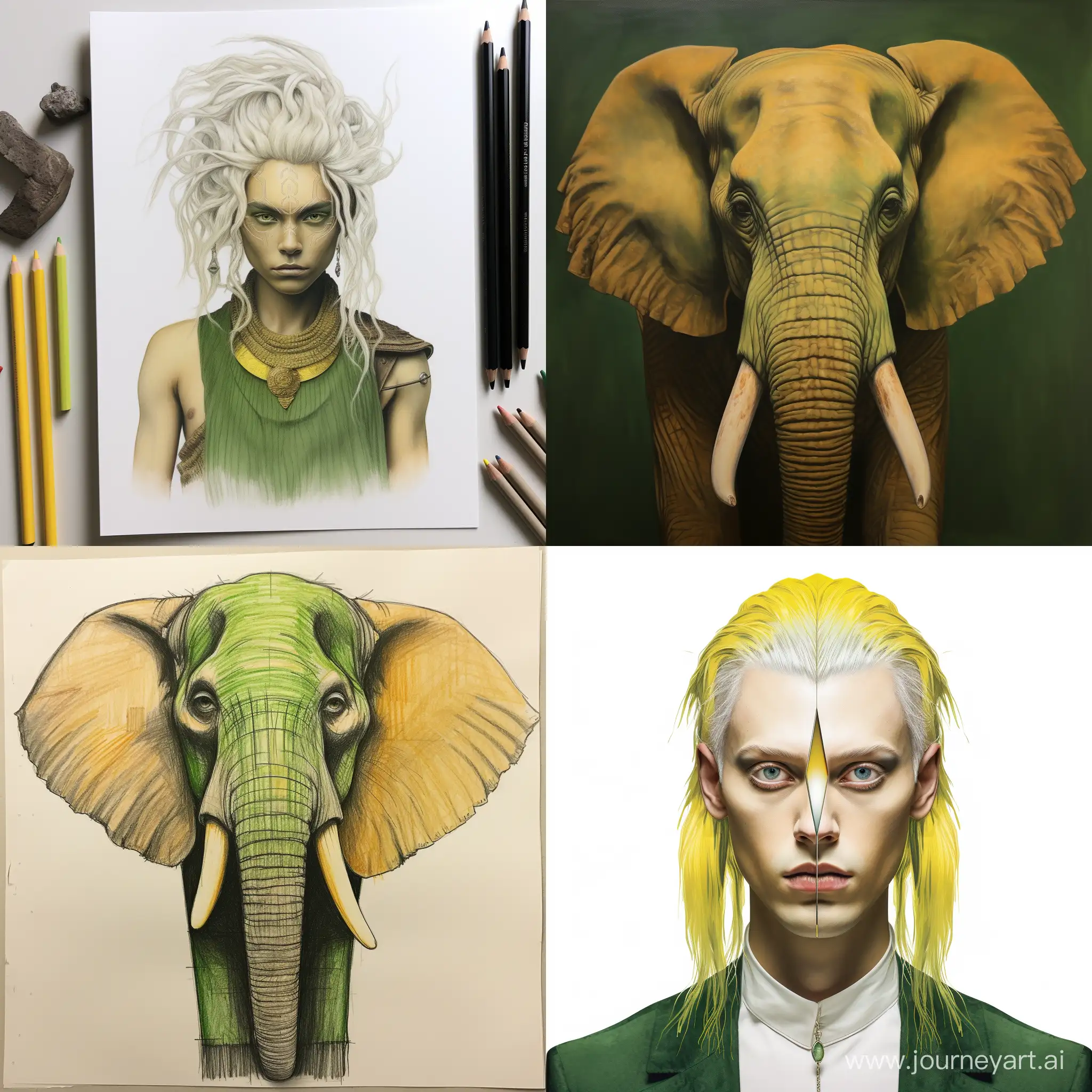 can you draw a realistic image of a male with green crimped hair, 3 legs, yellow skin, 4 eyes, tusks, no arms and a square shaped head