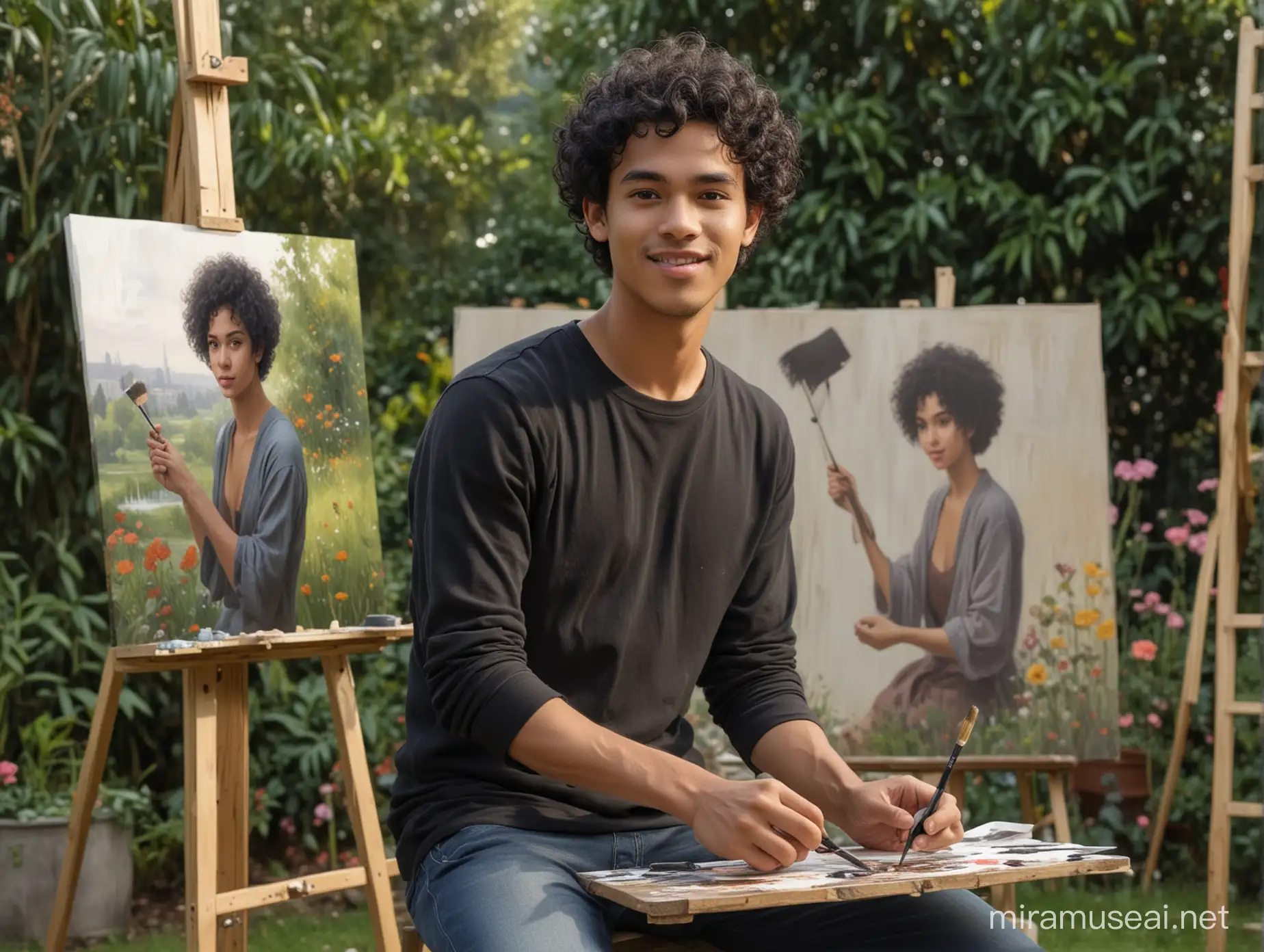Young Indonesian Artist Painting Portrait in Lush Garden Setting