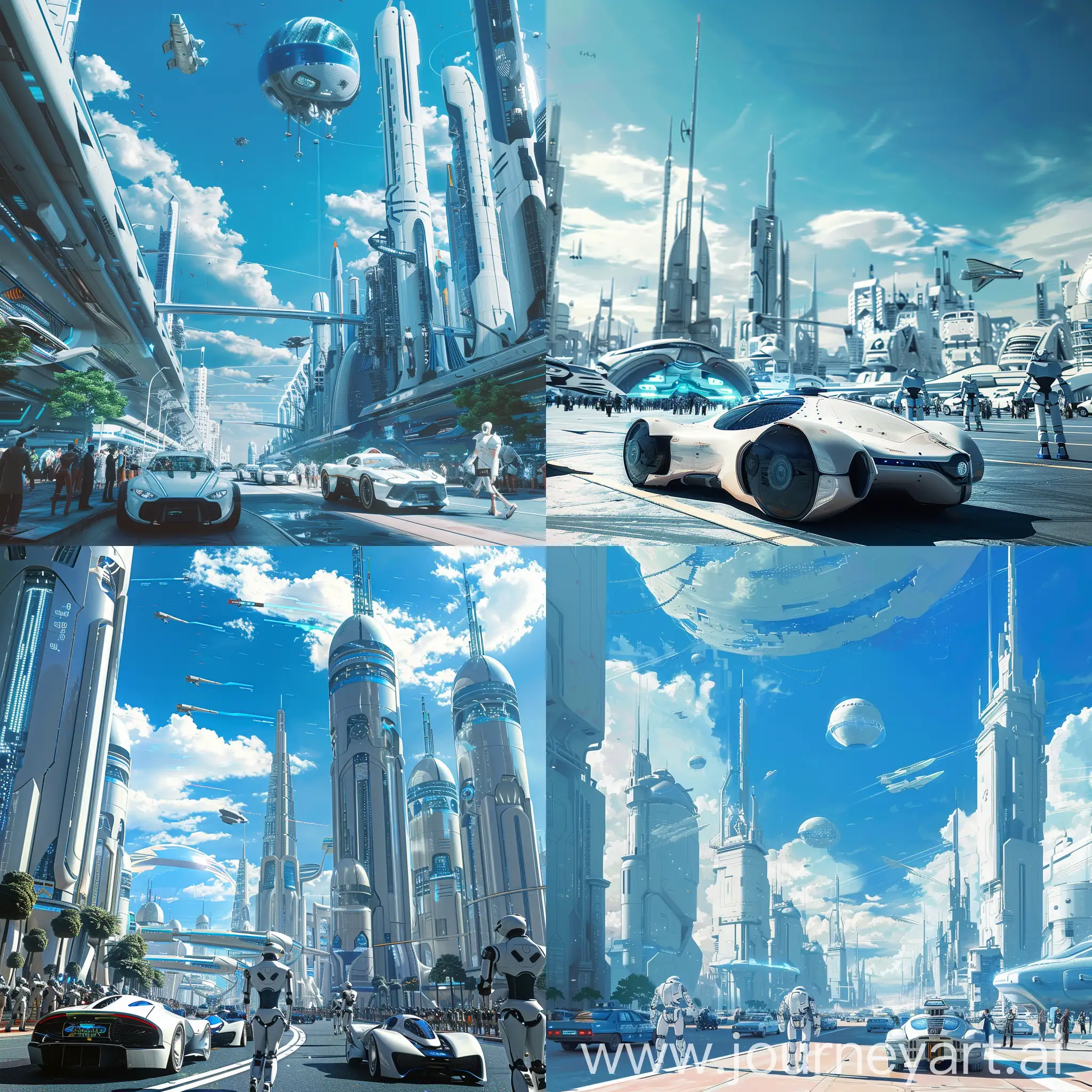 autopian city sci fi futuristic, blue sky, robots, cars concept cars people