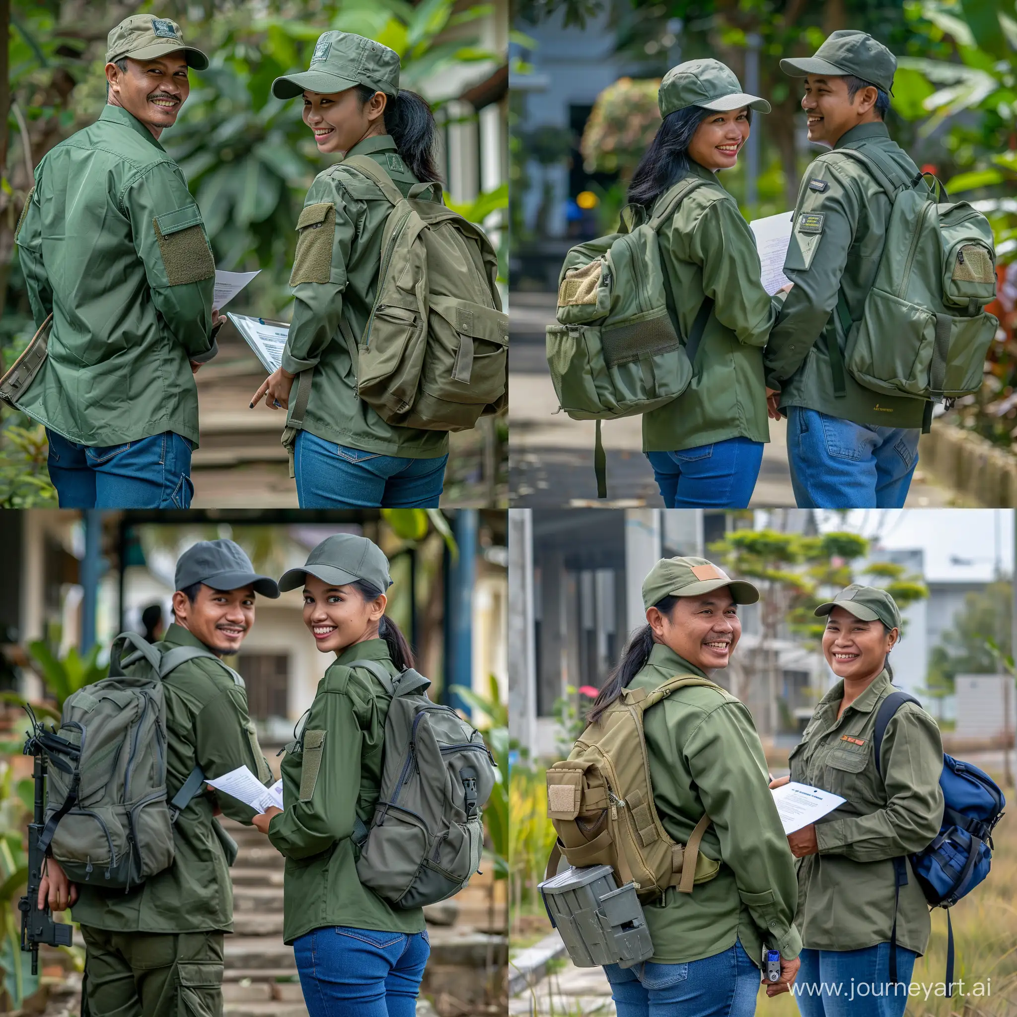 rear view full body indonesian government employee, man and woman, smile, wear green Blank office field Shirt long sleeves, tactical styles, with hat, using backpack, hold document, drill fabricated, blue levis pants, kantor kelurahan in foreground