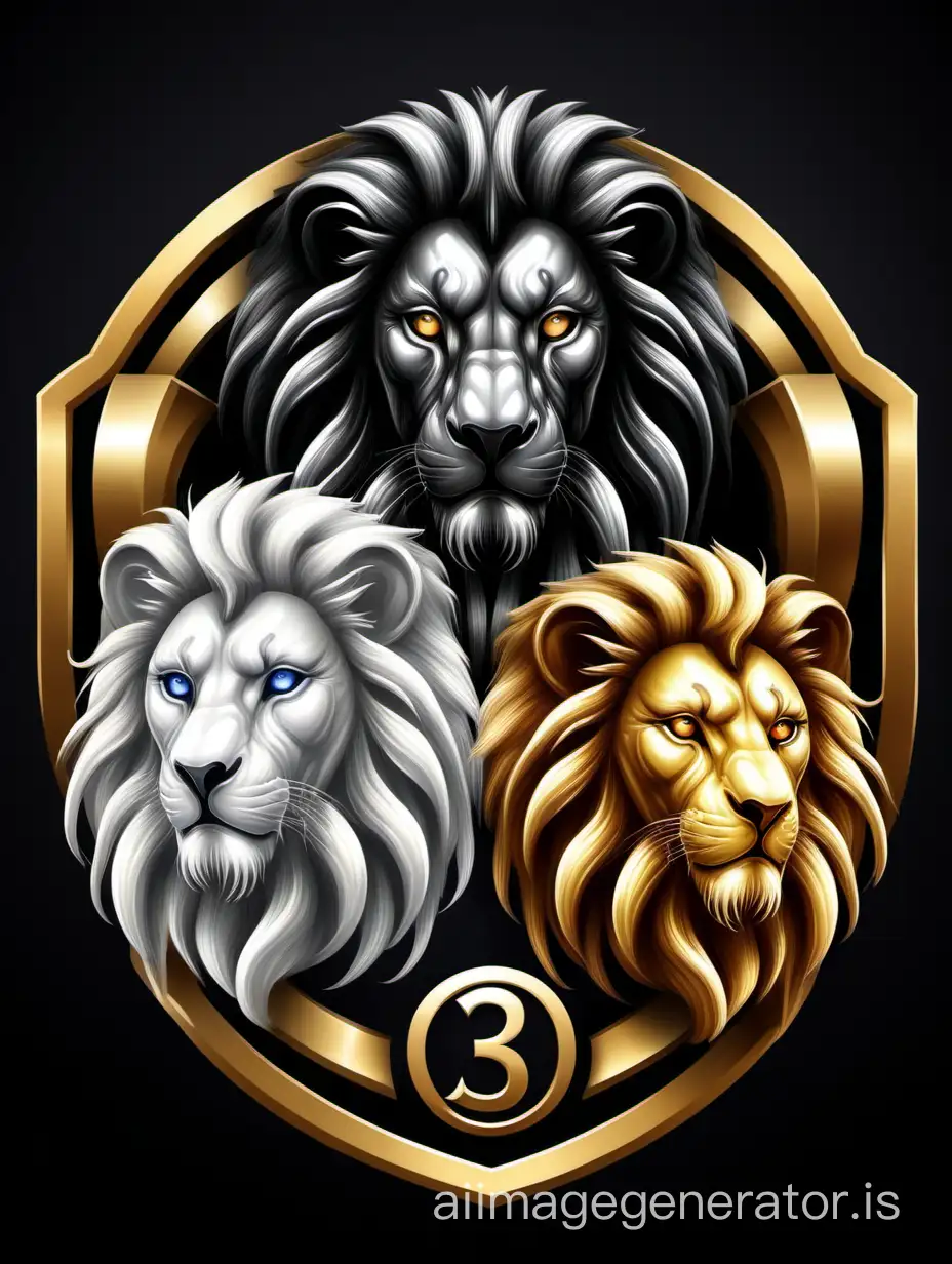 Design logo for 3 lion channel, white lion, golden lion, black lion. Fantasy realistic. Vector graphics, HD