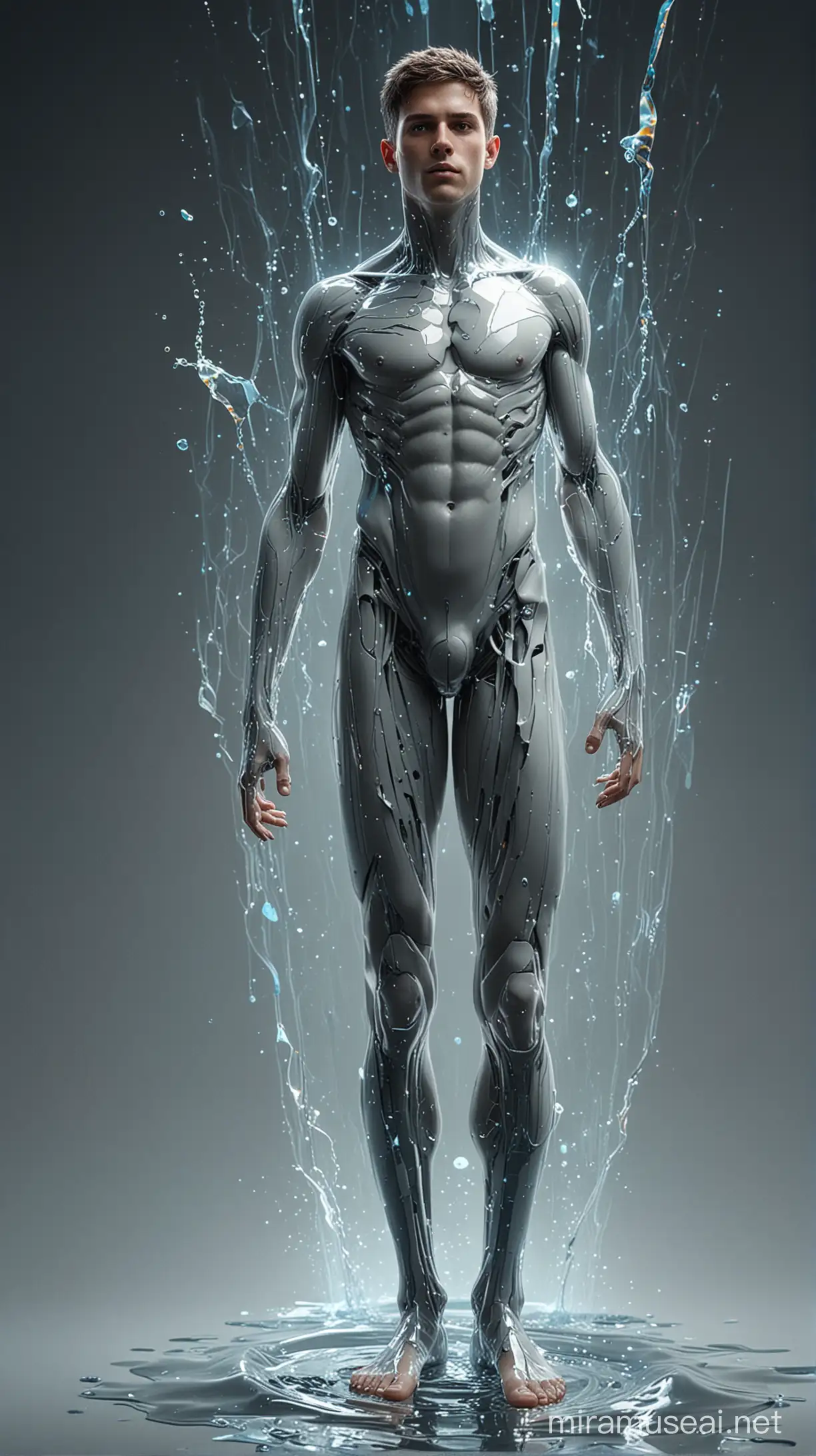 FULL FULL BODY PHOTOREALISTIC an ethereal liquid young man with a transparent body showcasing unique fractures, hollow body, splash art,  internal glowing nerve, 2/3 fullbody, dynamic action pose, sharpen image details, reminiscent of the futuristic styles, holographic effects, macro photographic, tractography technique, shimmer halo, cinematic lighting, perfect composition, abstraction art, surrealism, vivid colors, by AdonisKobi, octane rendering, natural lighting, masterpiece artwork, concept art, soft natural volumetric cinematic perfect light, Watercolor, trending on artstation, trending on artstation, sharp focus, studio photo, intricate details, highly detailed, trending on artstation, sharp focus, studio photo, intricate details, highly detailed,