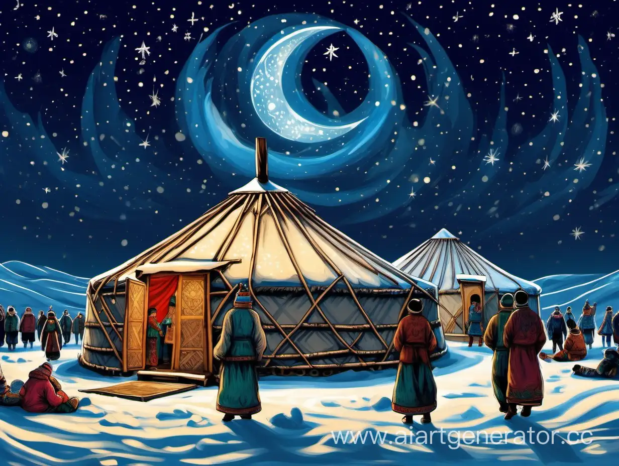 На фоне ночного зимнего звездного неба с полумесяцем, стоит красивая юрта, около юрты стоят люди в национальных бурятских костюмах, у них праздник.