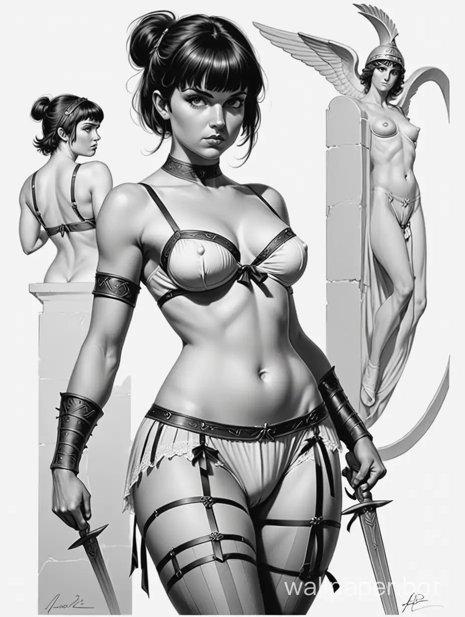 Young Anna Rouson. Bust size 4. Narrow waist. Wide hips. Toned abs. Short dark hair with bangs. Laced panties, stockings with garters. Greek warrior libertine. Black and white sketch, white background, full height, nude-fantasy style.