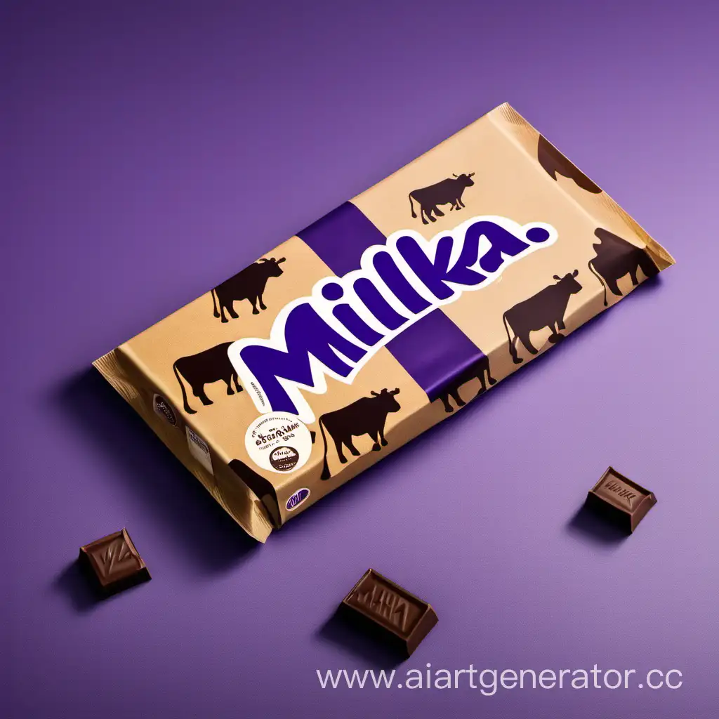 Плитка шоколада бренда MILKA в упаковке из крафтовой бумаги с рисунком коровы