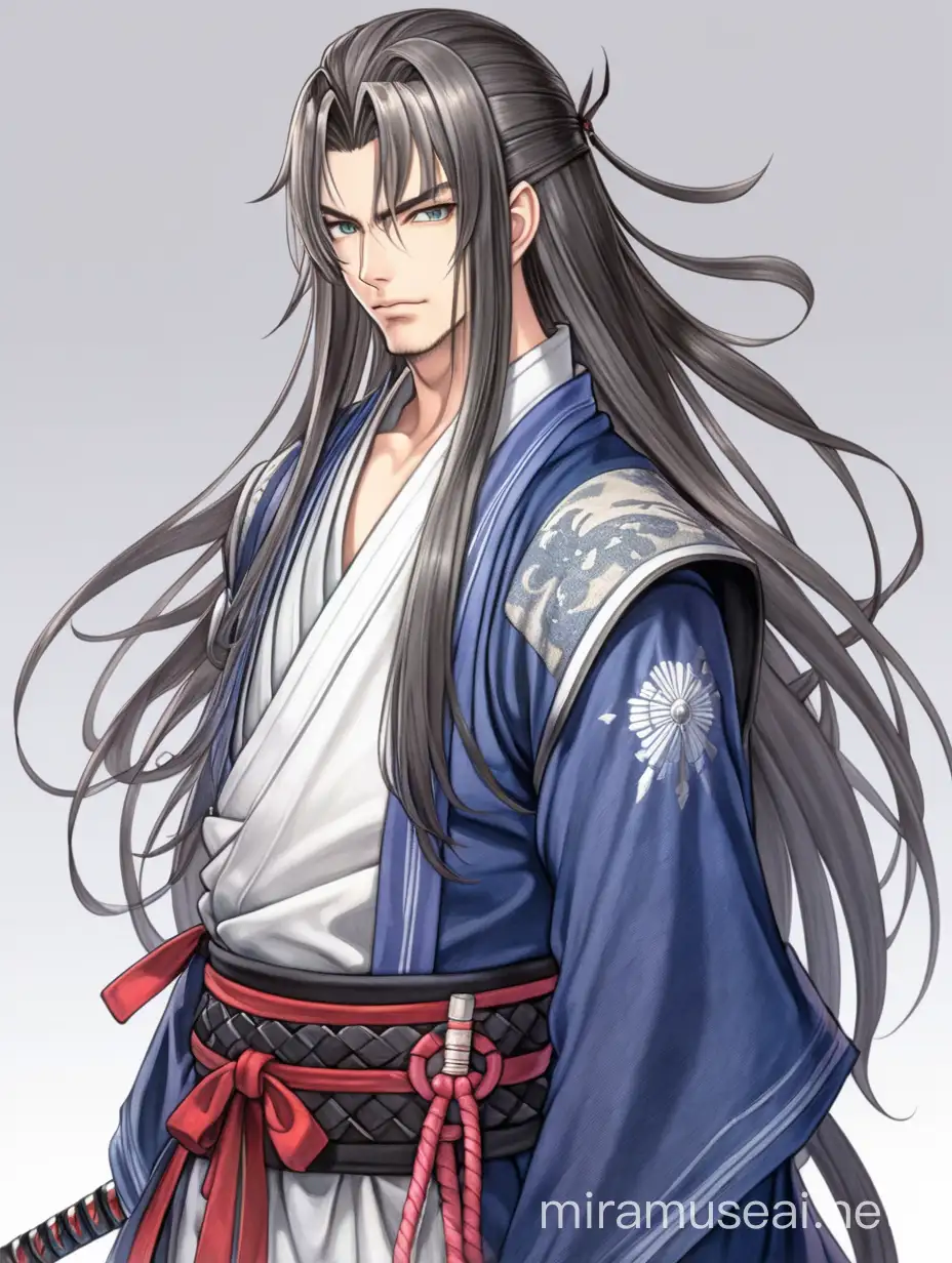 jrpg, adult man, samurai, cool long hair with bangs, fantasy, another eden, full body, waist up fully in view, portrait, no background, facing slightly to the side, staring at the camera