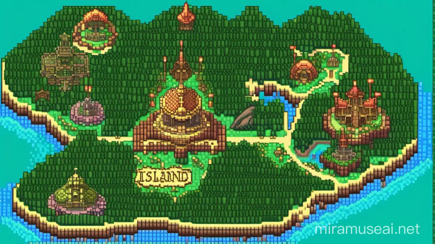 Fantasy Island Pixel Art Map Vibrant Terrain and Mysterious Landmarks