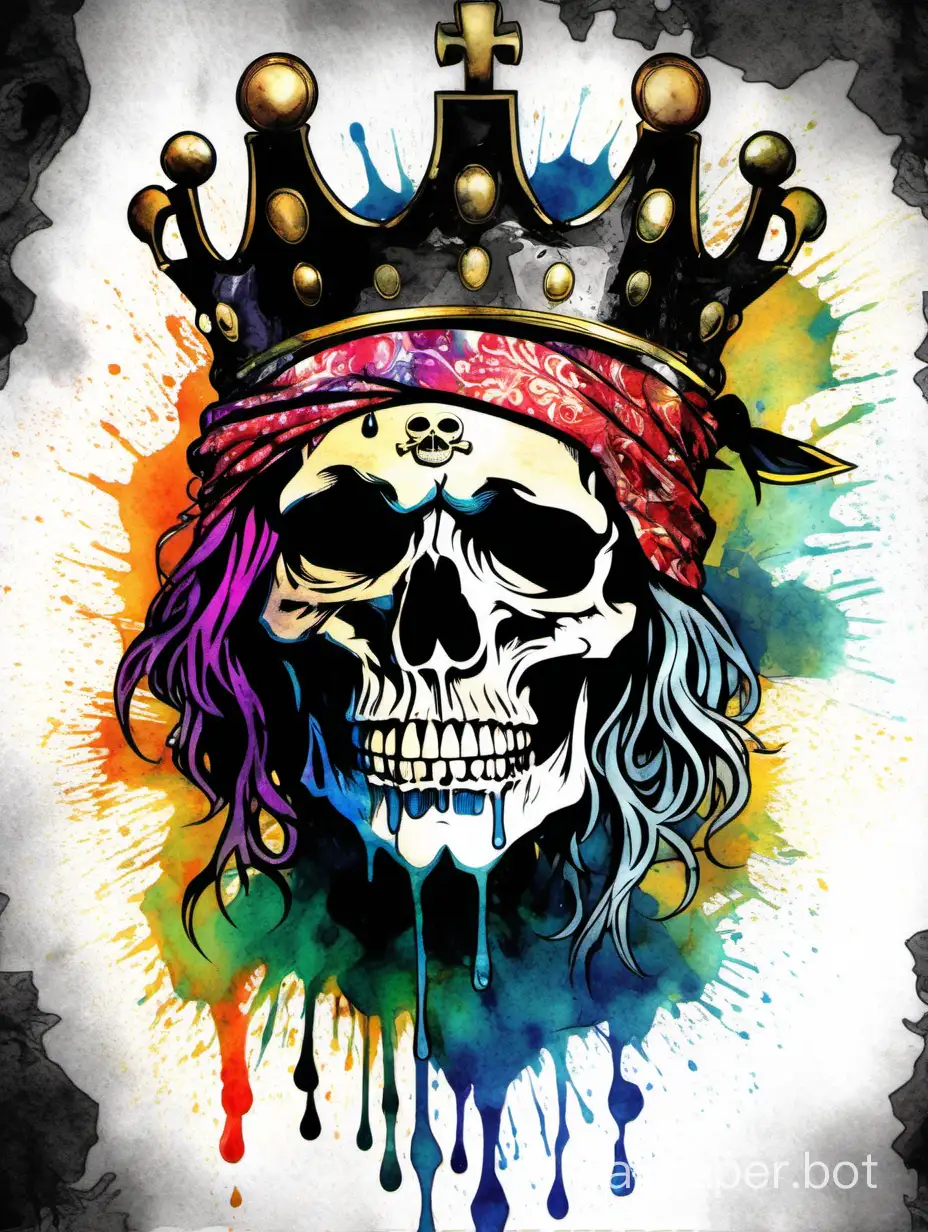 pirate skull wearing a drippin colorful crown, ornamental, avant gard, explosive watercolor, Alphonse Mucha, William Morris, hipercolored, highcontrast, hiperdetailed poster, dark, high contrast,