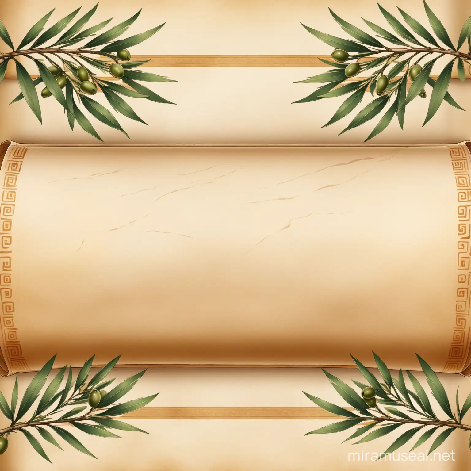 ancient Greek scroll, adorned with olive branches, columns at the sides.