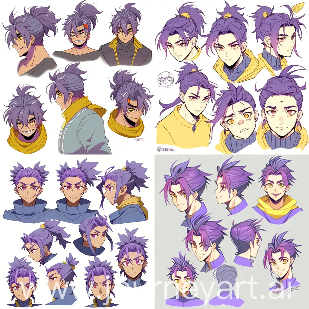Young man, purple hair in a loose bun, yellow eyes, happy, purple light blue and yellow color scheme, model sheet, anime art