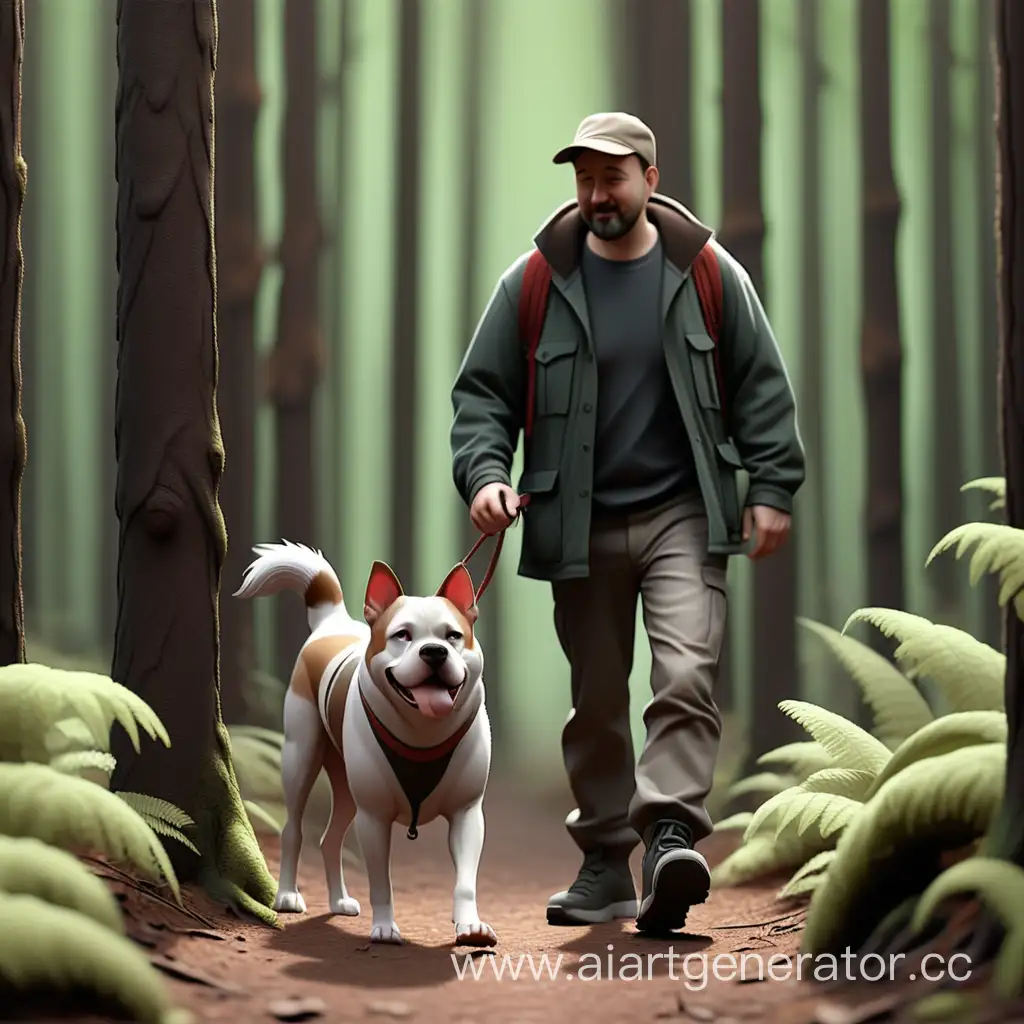 Мужик с собакой гуляет по лесу