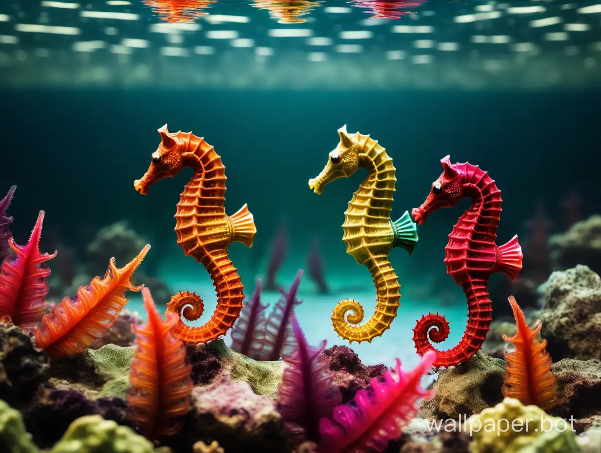 Colourful seahorses in a lagoon.
