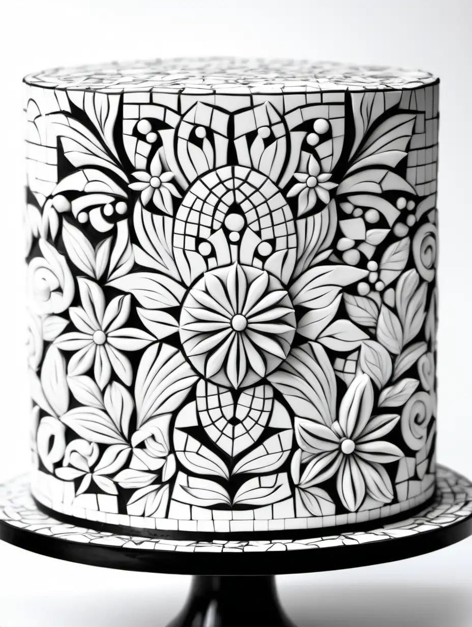 create a mosaic pattern on the cake, inspired by a garden theme, white with black outline,mosaic white background colouring book