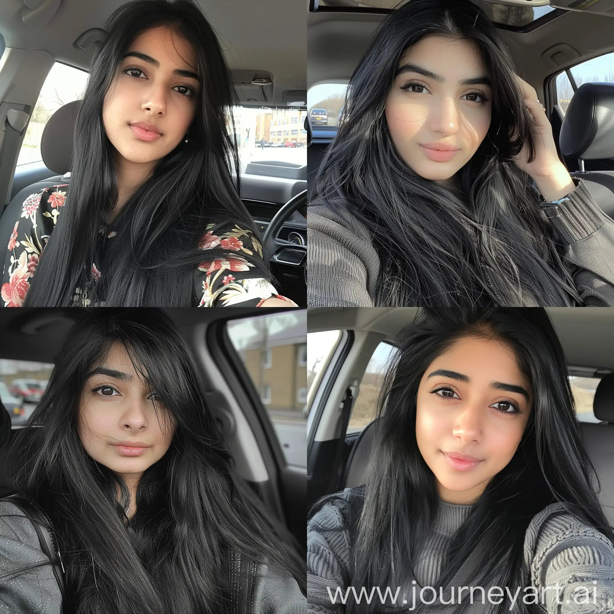 A british Pakistani girl with long black hair taking selfie in a car --v 6
