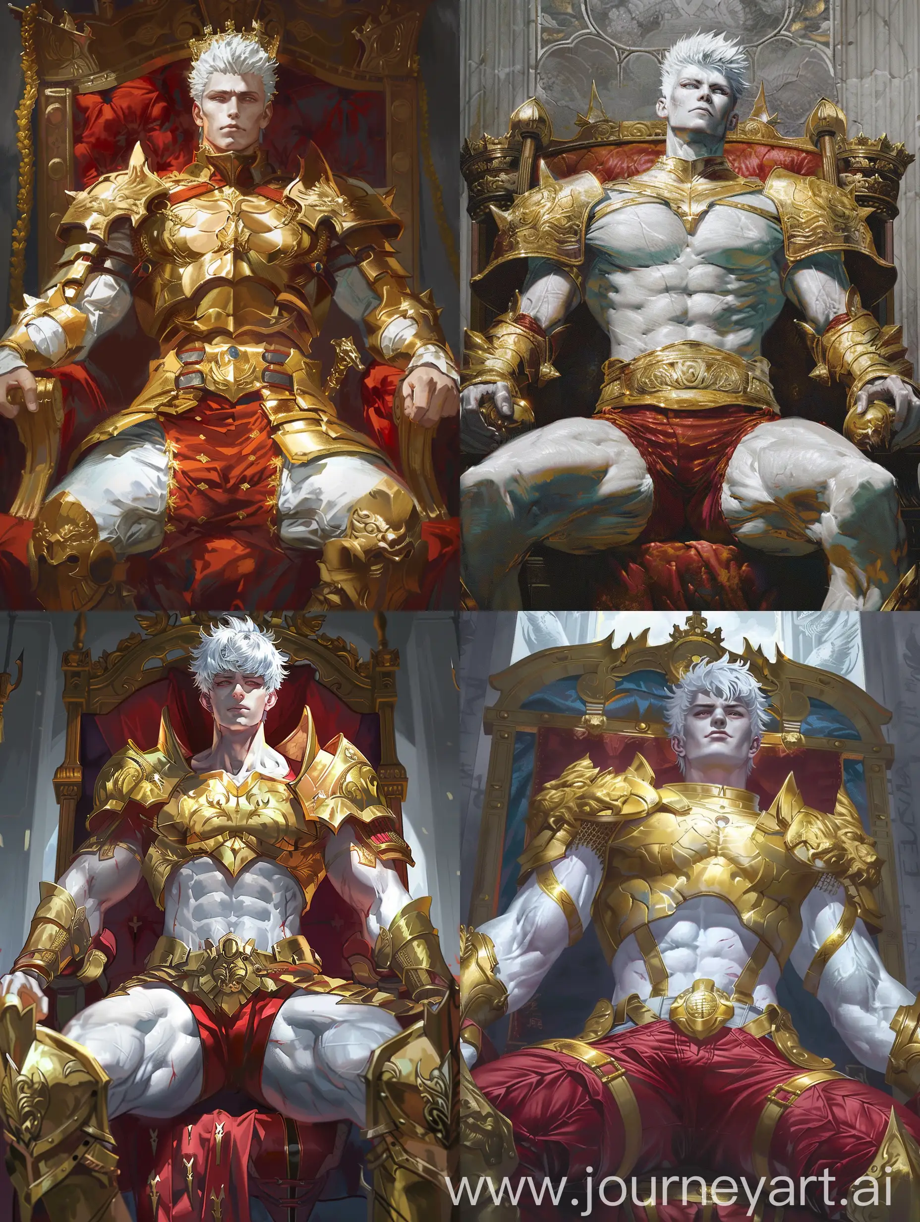 can you imitate Takeuchi Takashi's japen animate painting style, Emiya Shirou, the young emperor, wearing gold and red armor, tall and white skin. Full of muscles, mature, strong physique, short silver hair, wearing a crown, sitting on the throne, holding a golden sword at his waist, huge body proportions, upward view, arrogant and confident eyes,portrait, bright, epic