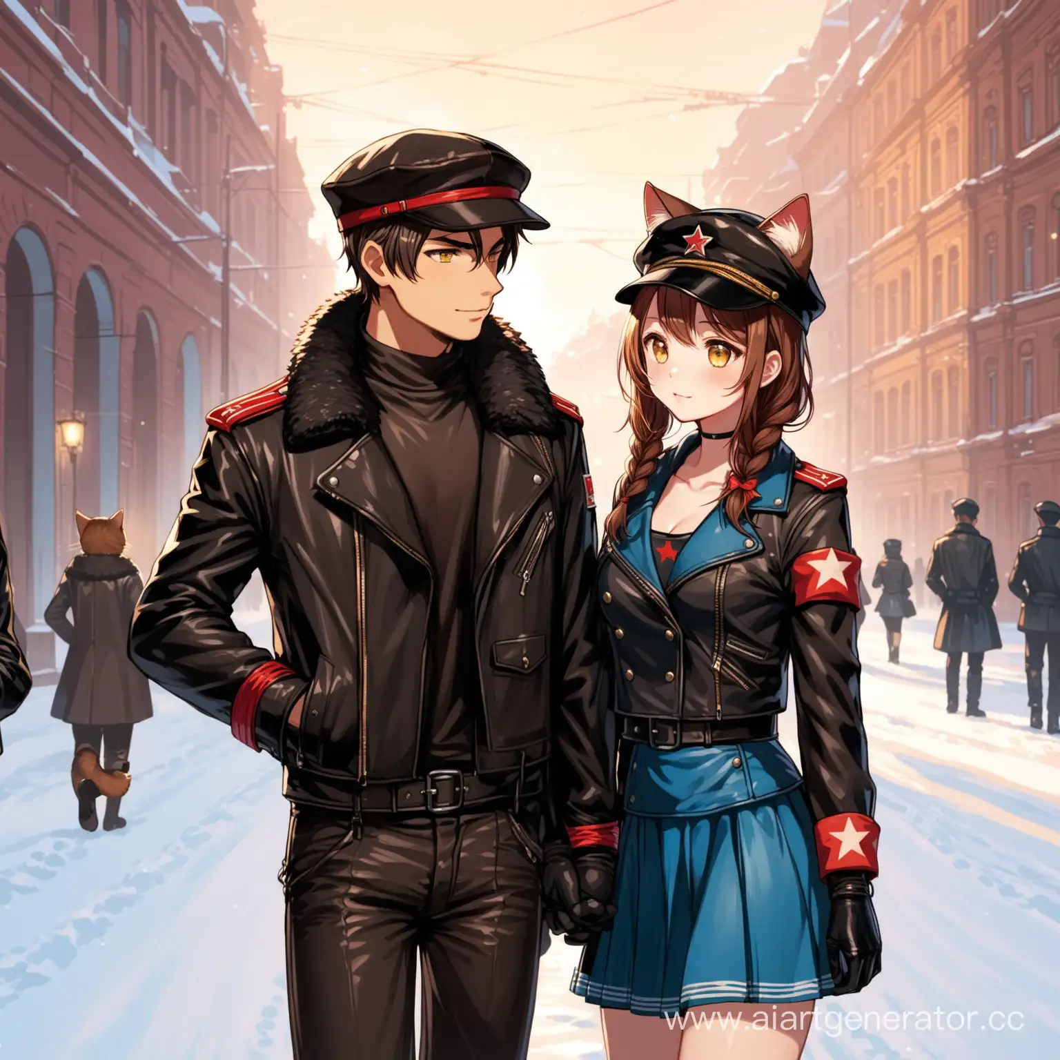 Catgirls yellow eyes brown hair (one short braid), brown cat ears, short blue skirt, black leather jacket with red armband, leather black cap with red star, and her boyfriend, in Leningrad 