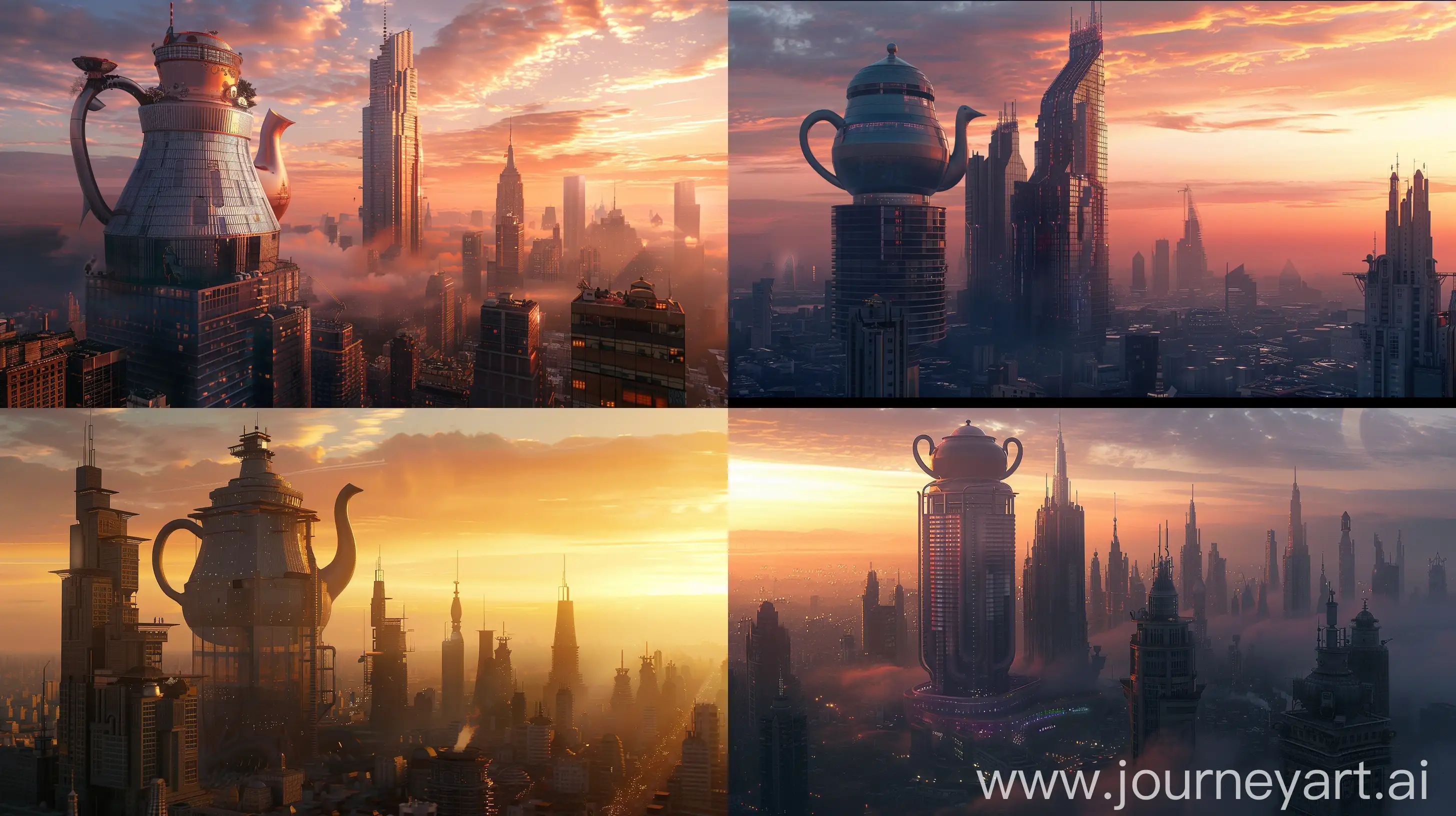 skyscraper and teapot-shaped building, surrounded by strange buildings, in sunset, from a distance, ultra realistic, imposibility style, fantasy style --ar 16:9