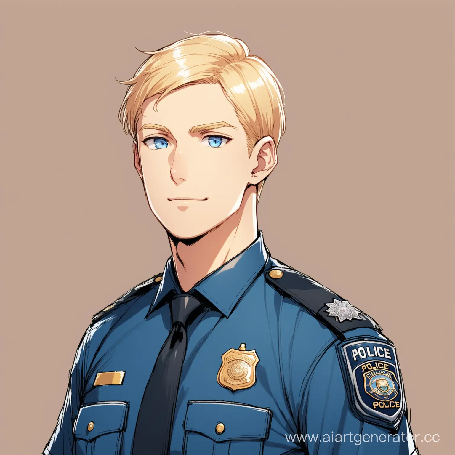 A tall adult man, short blond hair, blue eyes, dressed in a police uniform, He looks relaxed.