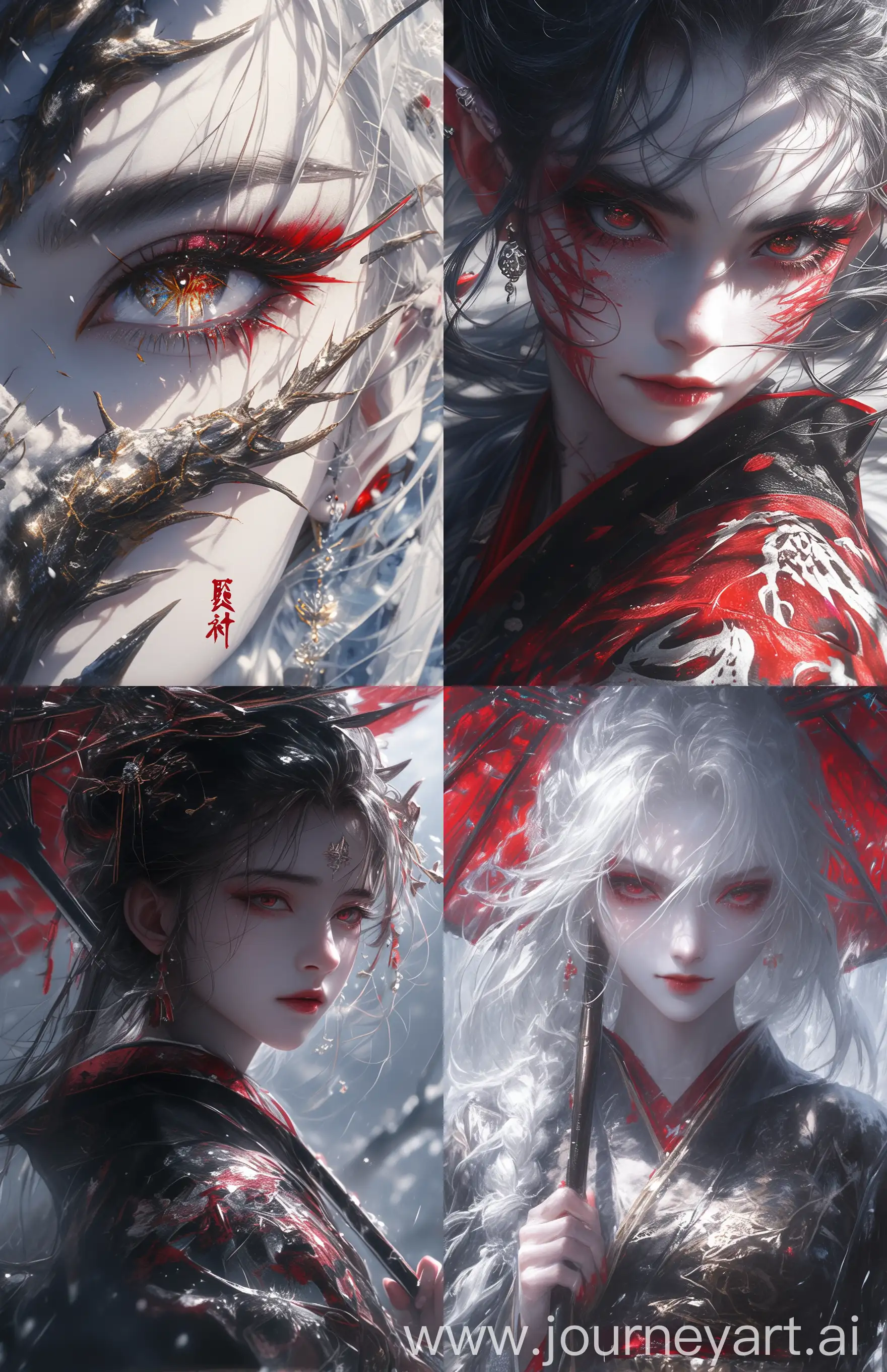 painting, fantasy, japan, anime, in the style of realistic hyper-detailed rendering, dark white and red, 32k uhd, expressive eyes, detailed character illustrations, hyper-realistic details, dynamic outdoor shots --ar 24:37 --stylize 750 --niji 6