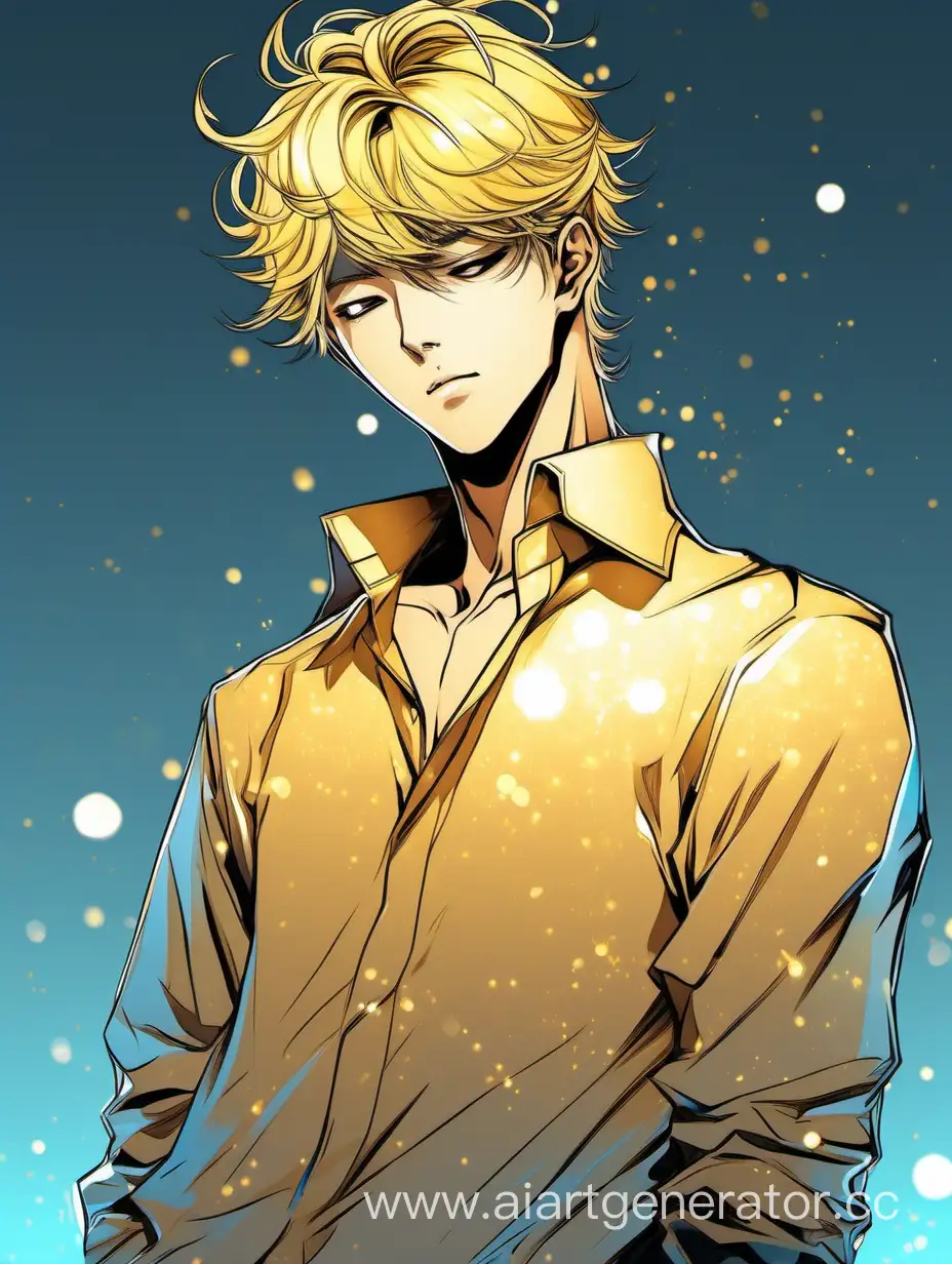 the guy is a Korean idol with hair up to his ears, blonde, with a thin slender build, stands half-turned and looks up, luminous liquid gold pours from above and spreads over his face and bare shoulders, digital drawing in the style of manhwa